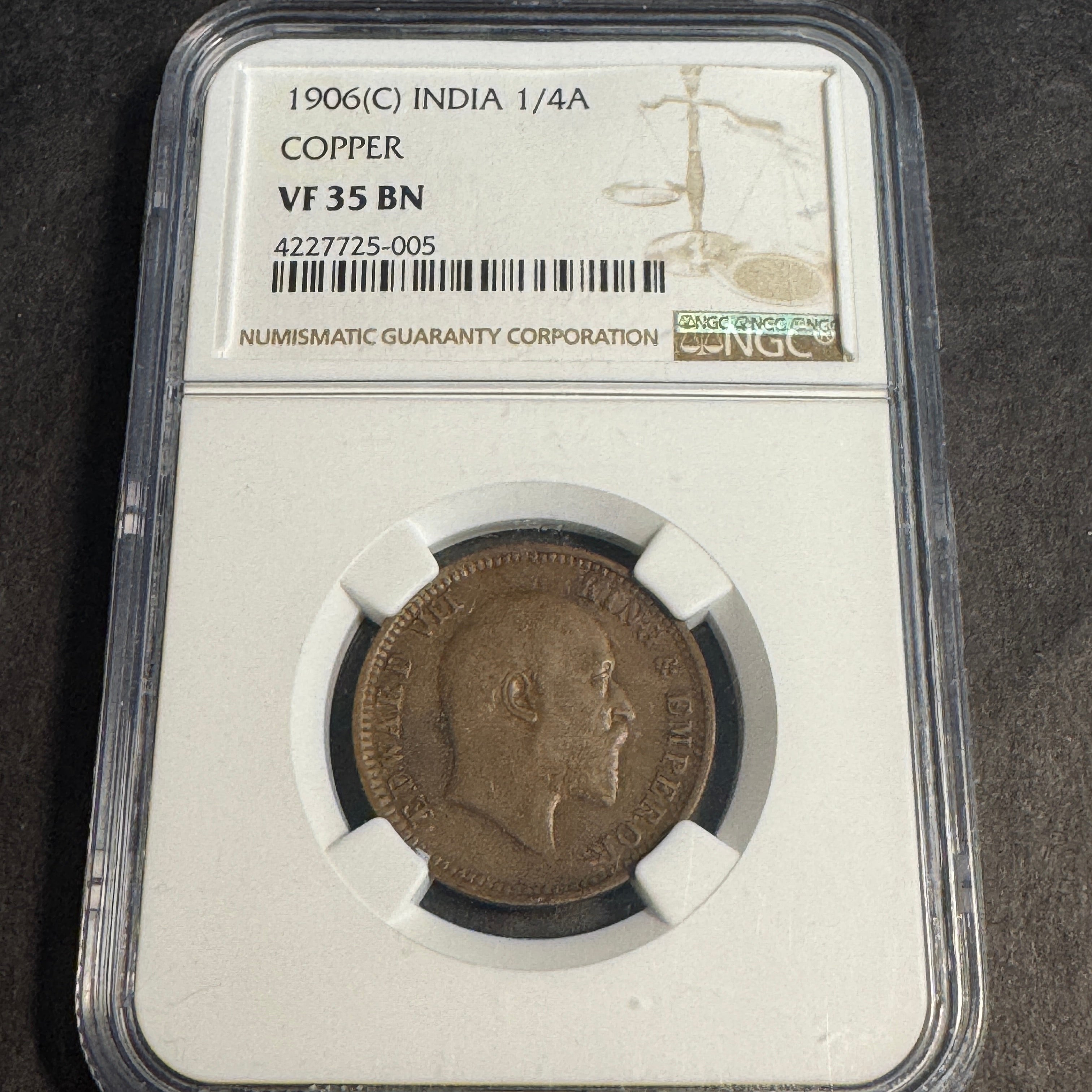 1906 (C) India 1/4 Anna Copper, Edward VII, NGC VF-35 BN 🇬🇧🇮🇳