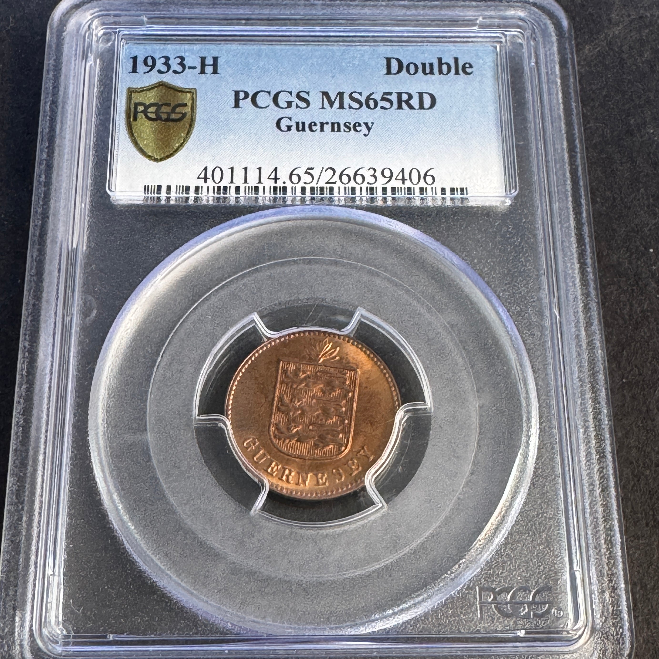 1933-H Guernsey 1 Double, KM#11, PCGS MS-65 RD red 🇬🇬