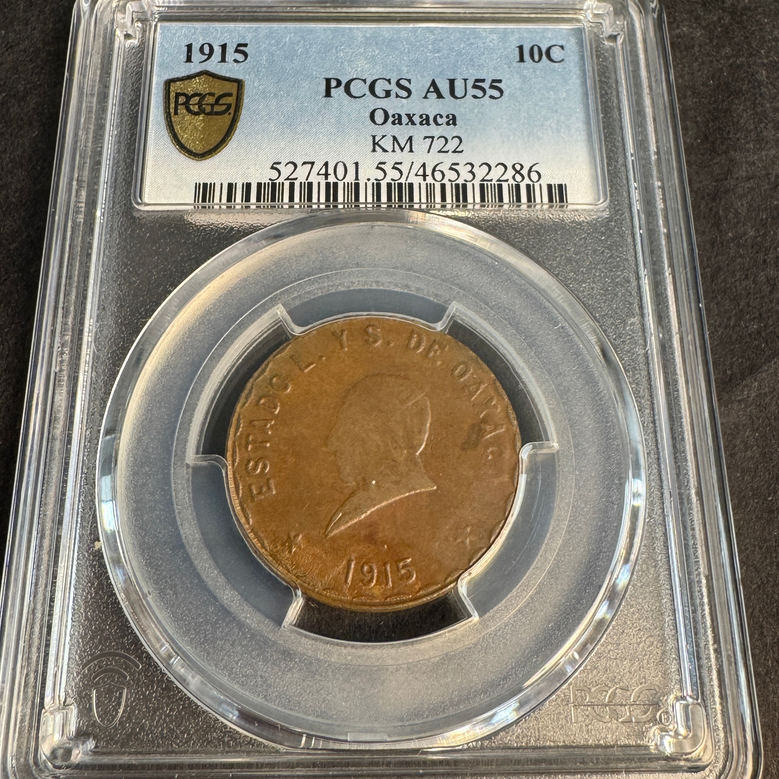 1915 Oaxaca Mexico 10 Centavos, Revolutionary Era, km-722, PCGS AU-55 🇲🇽