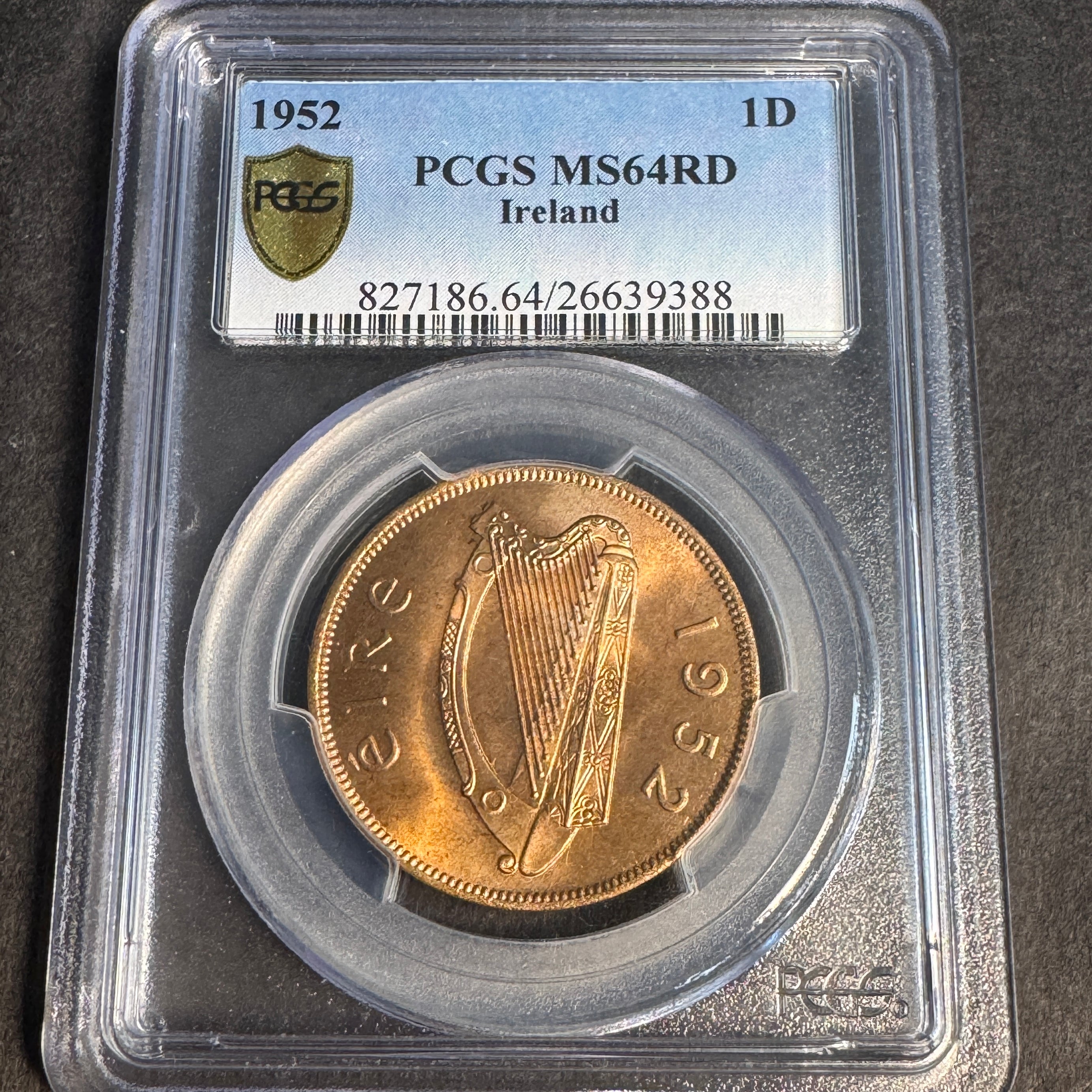 1952 Ireland 1 Penny, Harp / Chickens, PCGS MS-64 RD Red 🇮🇪