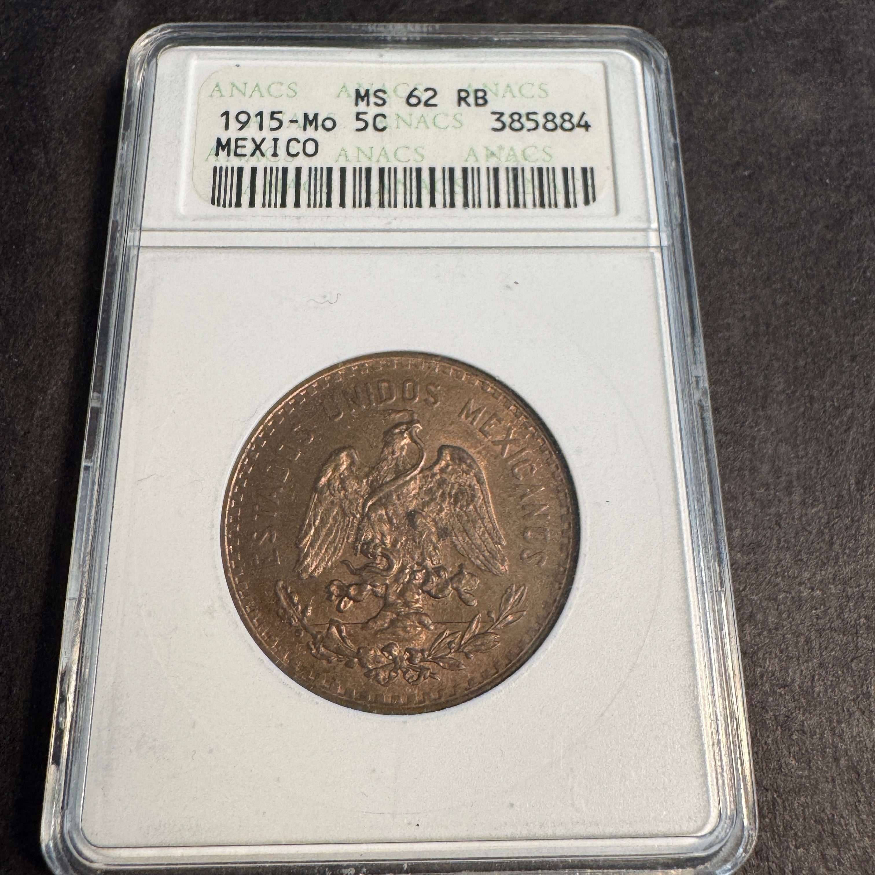 1915-Mo Mexico 5 Centavos, Soapbox ANACS MS-62 RB 🇲🇽