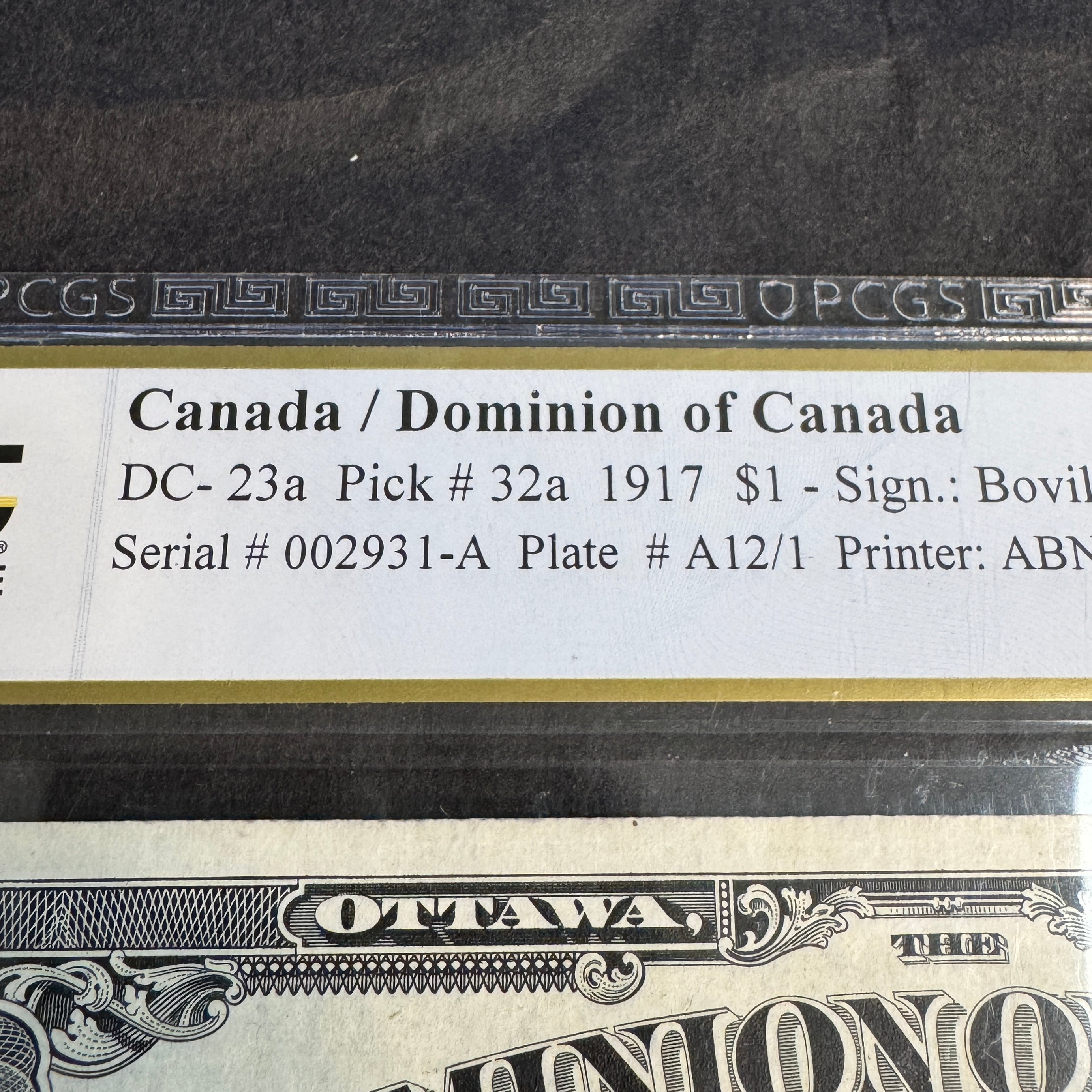 1917 Dominion of Canada Dollar, Low Serial Plate A12/1, P#32a Boville & Hand Countersigned, PCGS Very Fine 30