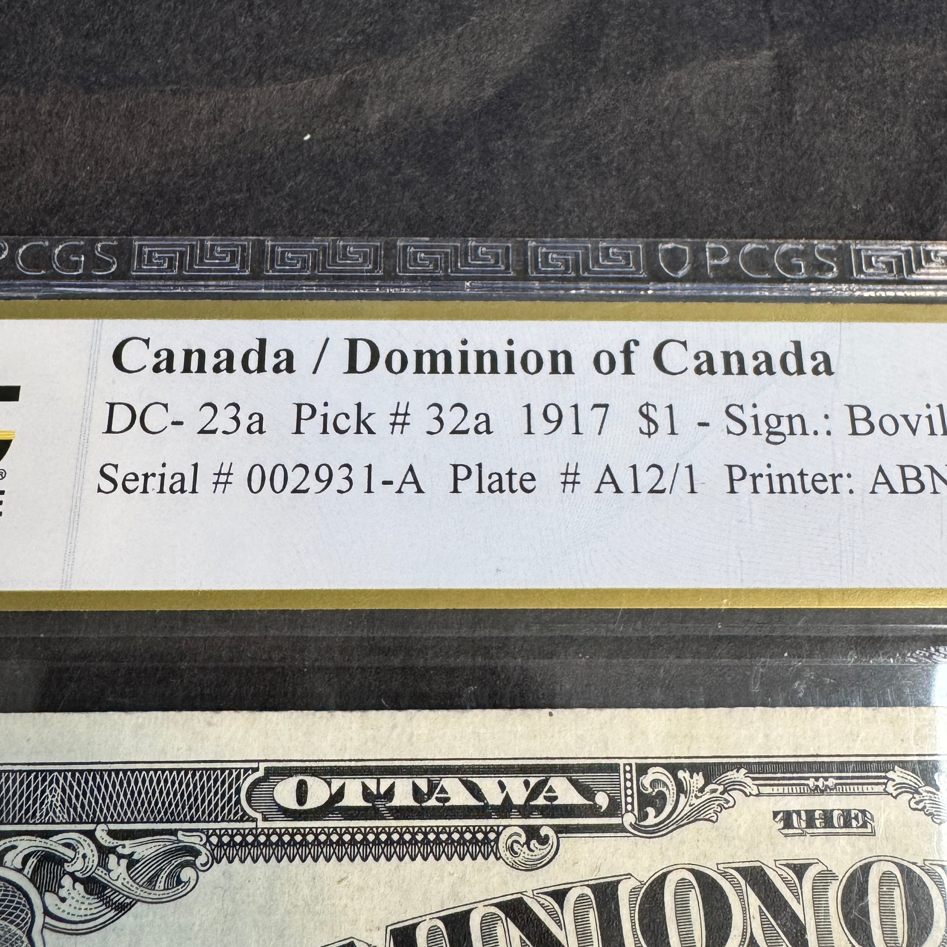 1917 Dominion of Canada Dollar, Low Serial Plate A12/1, P#32a Boville & Hand Countersigned, PCGS Very Fine 30