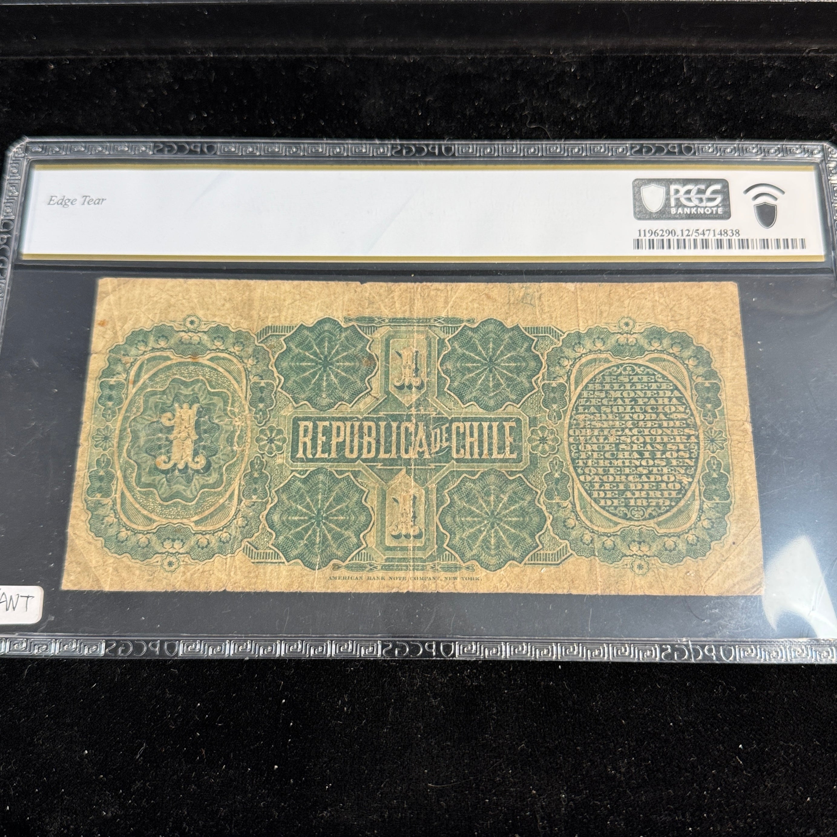 1889 Chile 1 Peso, Handstamps Type 1 & 2, ABNC, P#11b, PCGS F-12