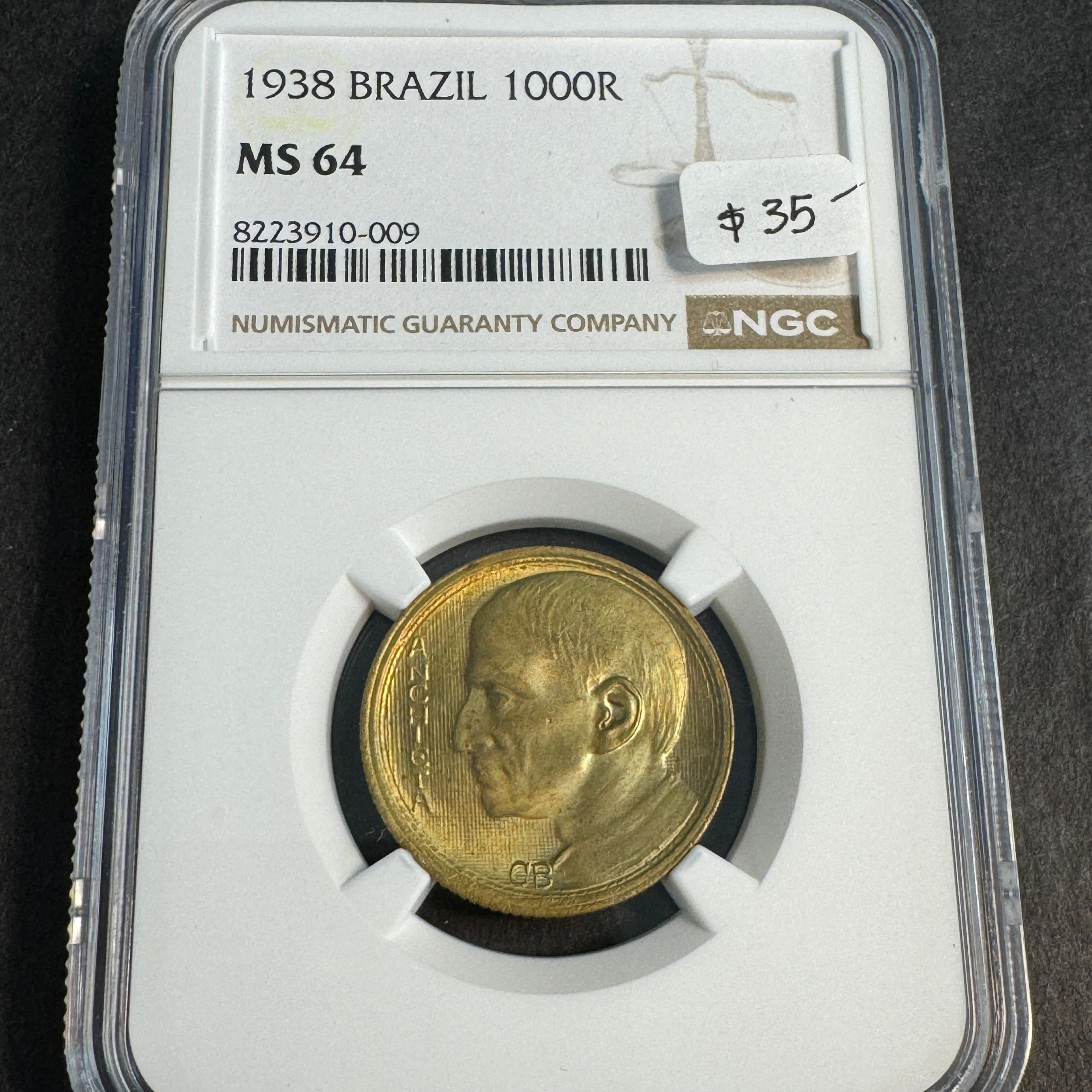 1938 Brazil 1000 Reis, Jose de Anchieta & Bible, NGC MS-64 🇧🇷