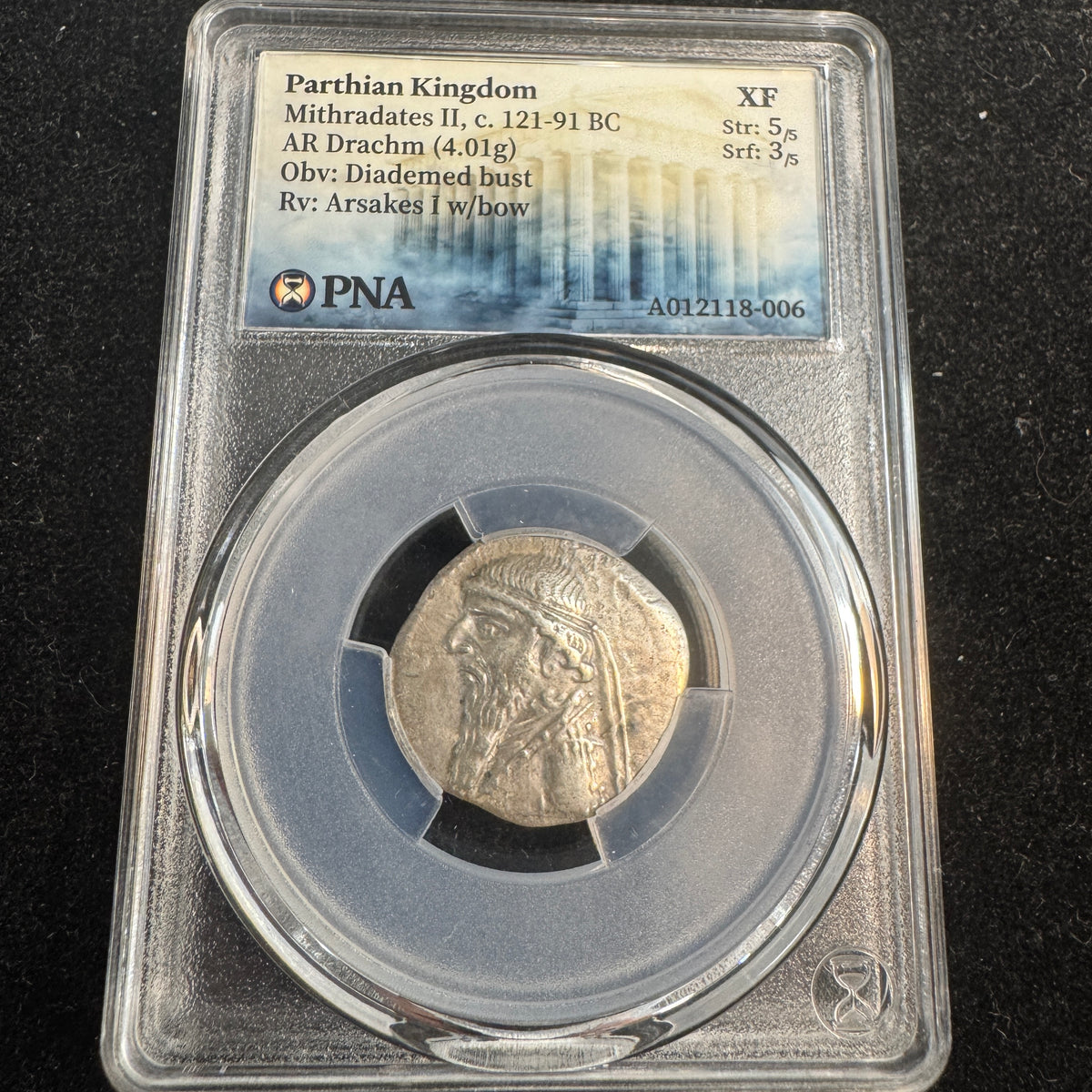 Parthian Kingdom Mithradates II (121-91 BC) AR Drachm, Arsakes w/bow, PNA XF