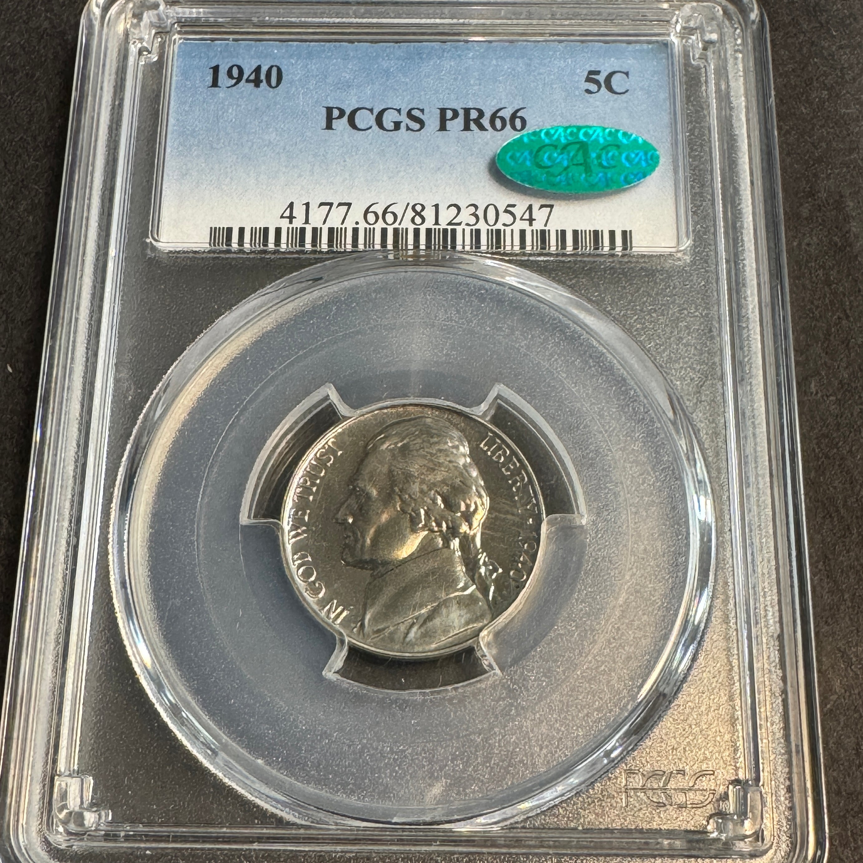 1940 Jefferson Nickel US 5c Proof, PCGS PR-66 Green CAC