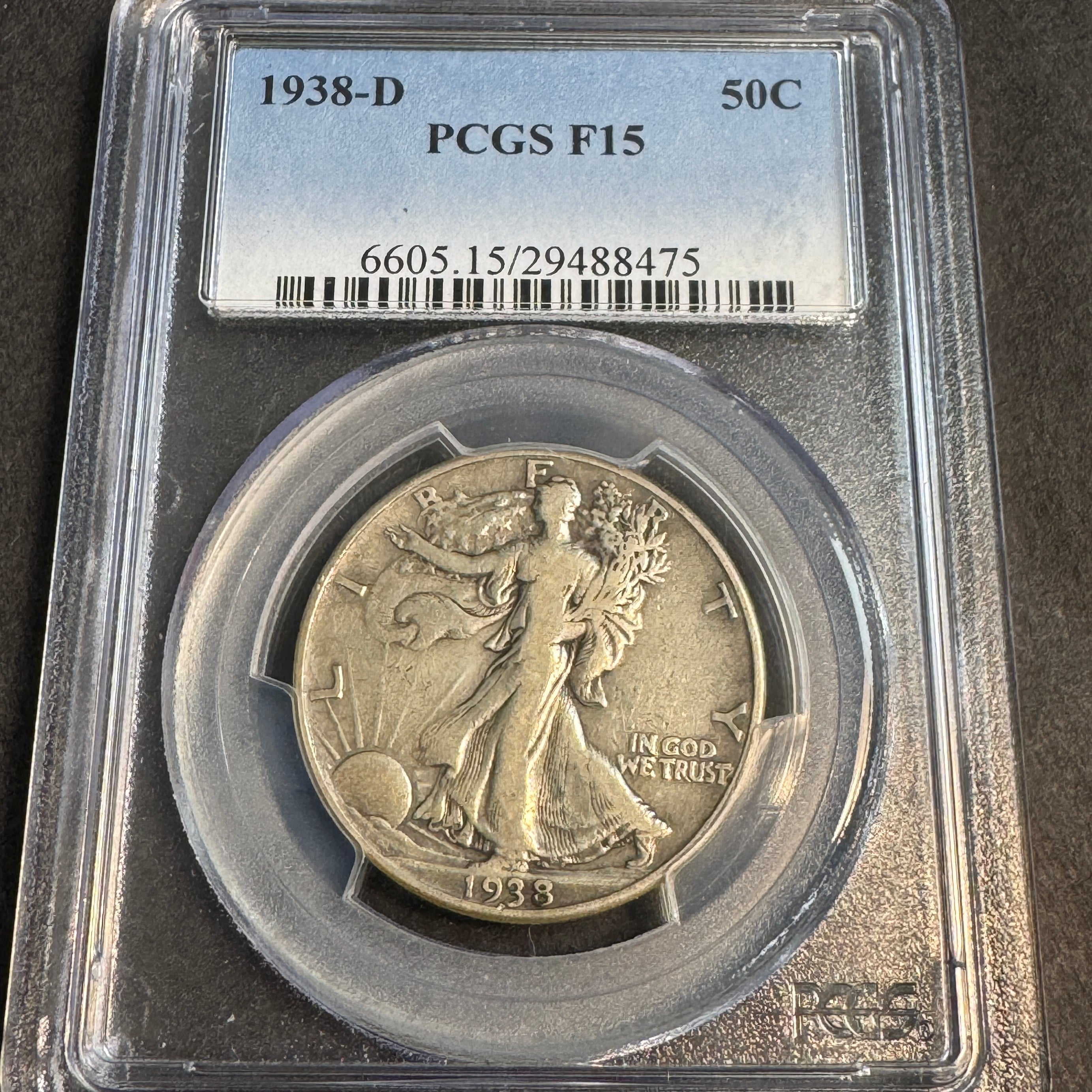 1938-D Walking Liberty Half Dollar, PCGS F-15, key date