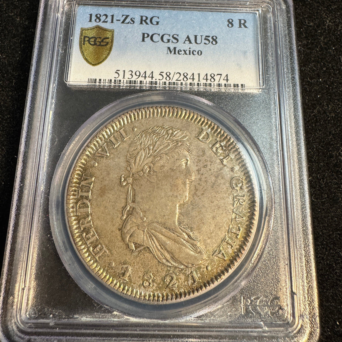 1821 Zs-RG Mexico 8 Reales, Ferdinand VII, PCGS AU-58