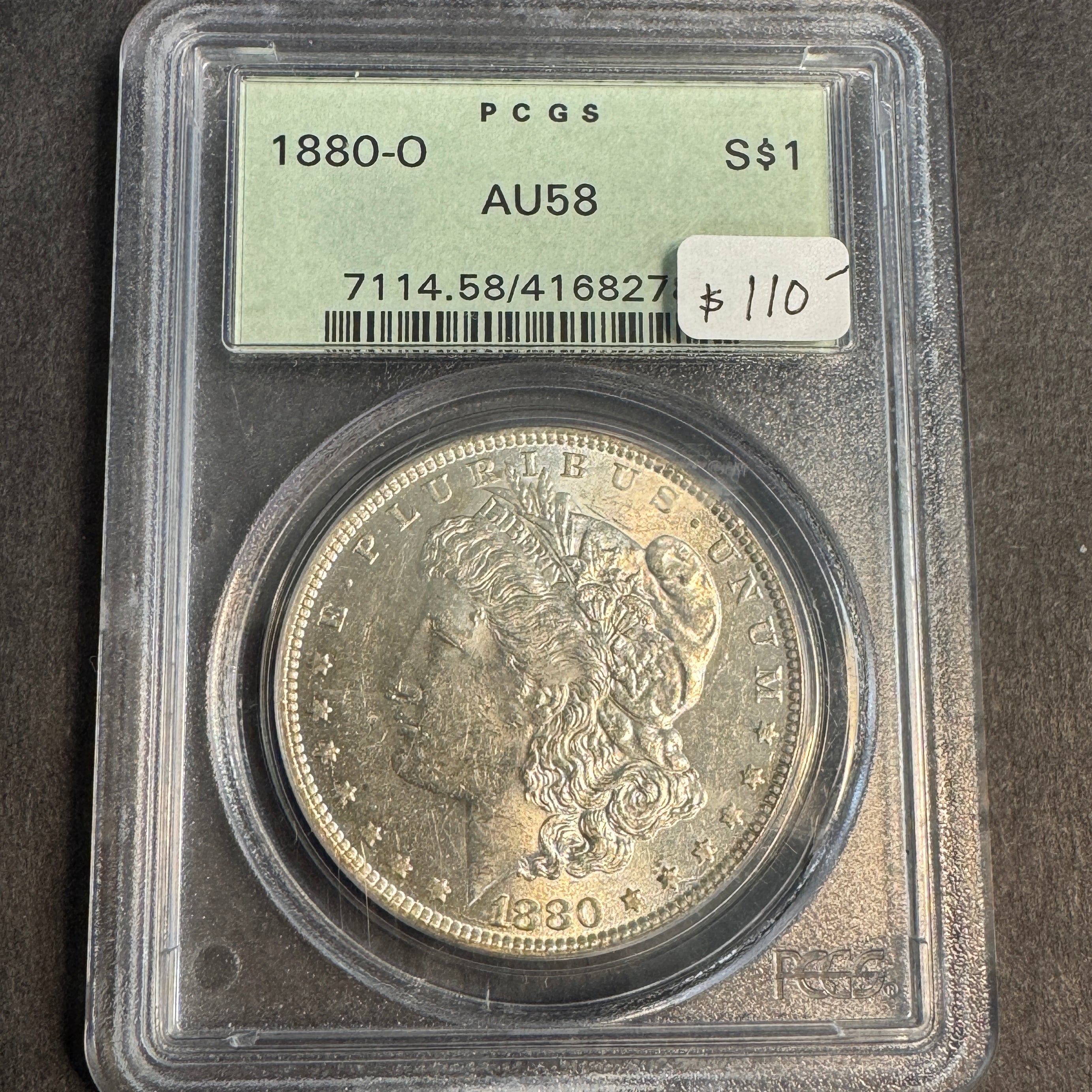 1880-O Morgan Silver Dollar, OGH PCGS AU-58