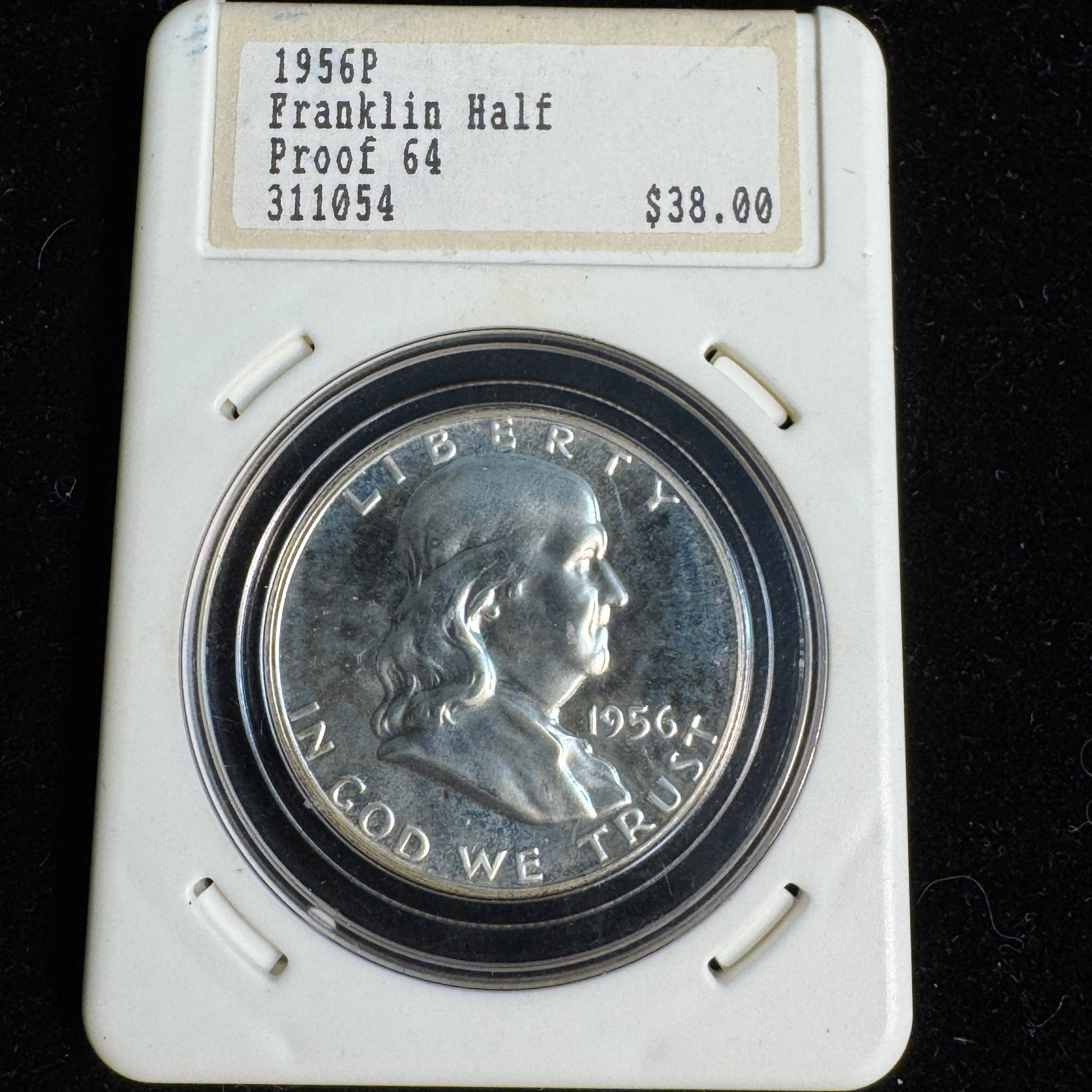 1956 (P) Franklin Proof Half Dollar, vintage Hanes-Tulving slab “Proof 64”