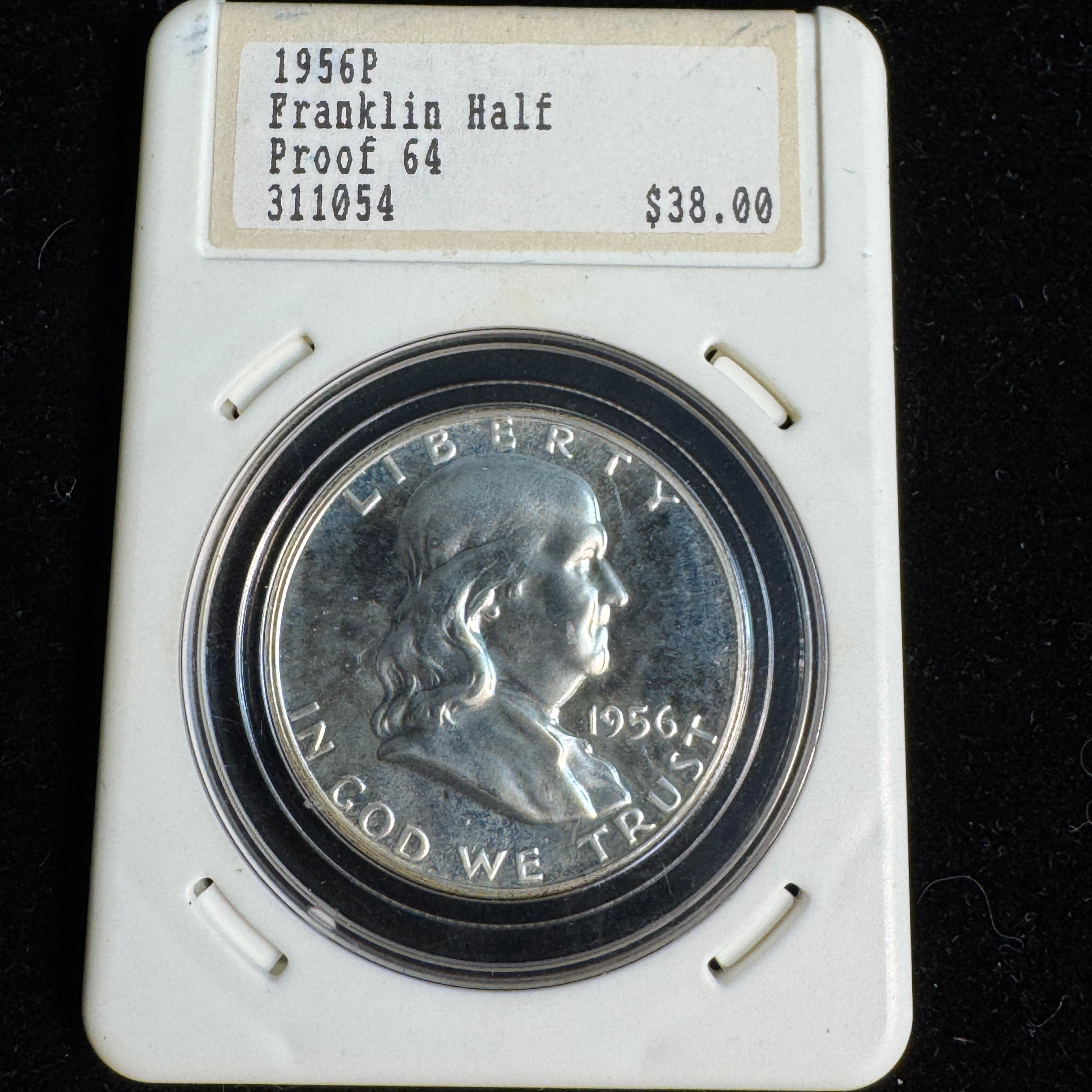 1956 (P) Franklin Proof Half Dollar, vintage Hanes-Tulving slab “Proof 64”