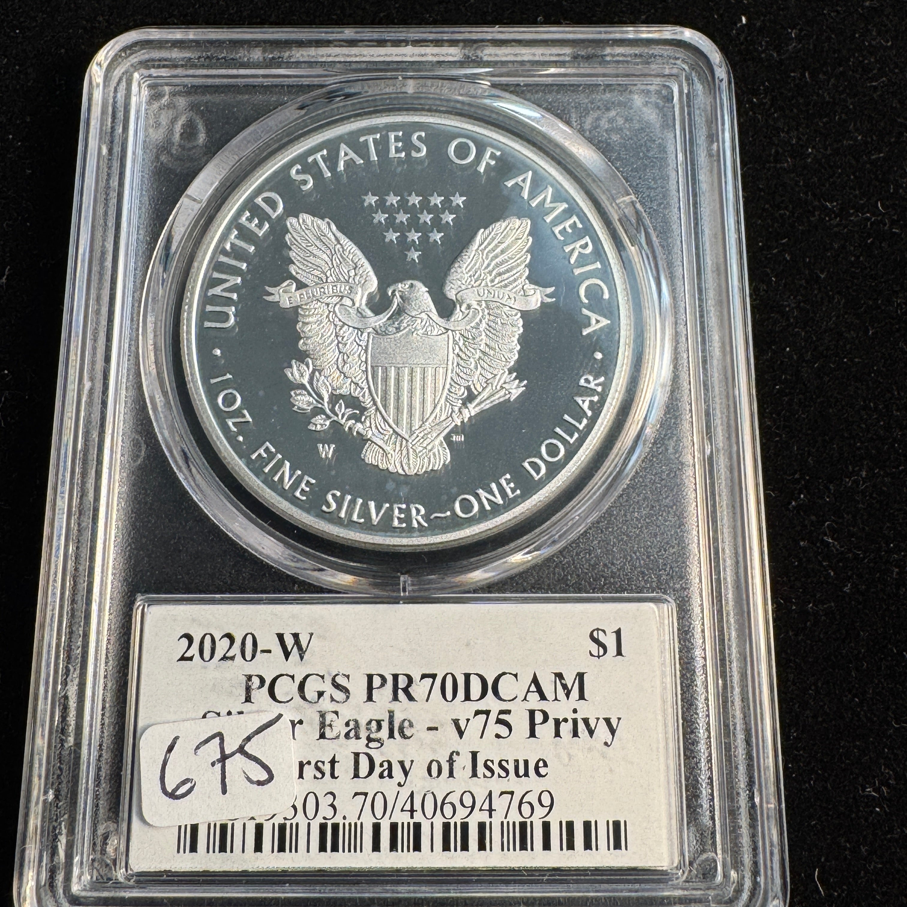 2020-W V-75 Privy Proof Silver Eagle, 1st Day of Issue, PCGS PR-70 DCAM
