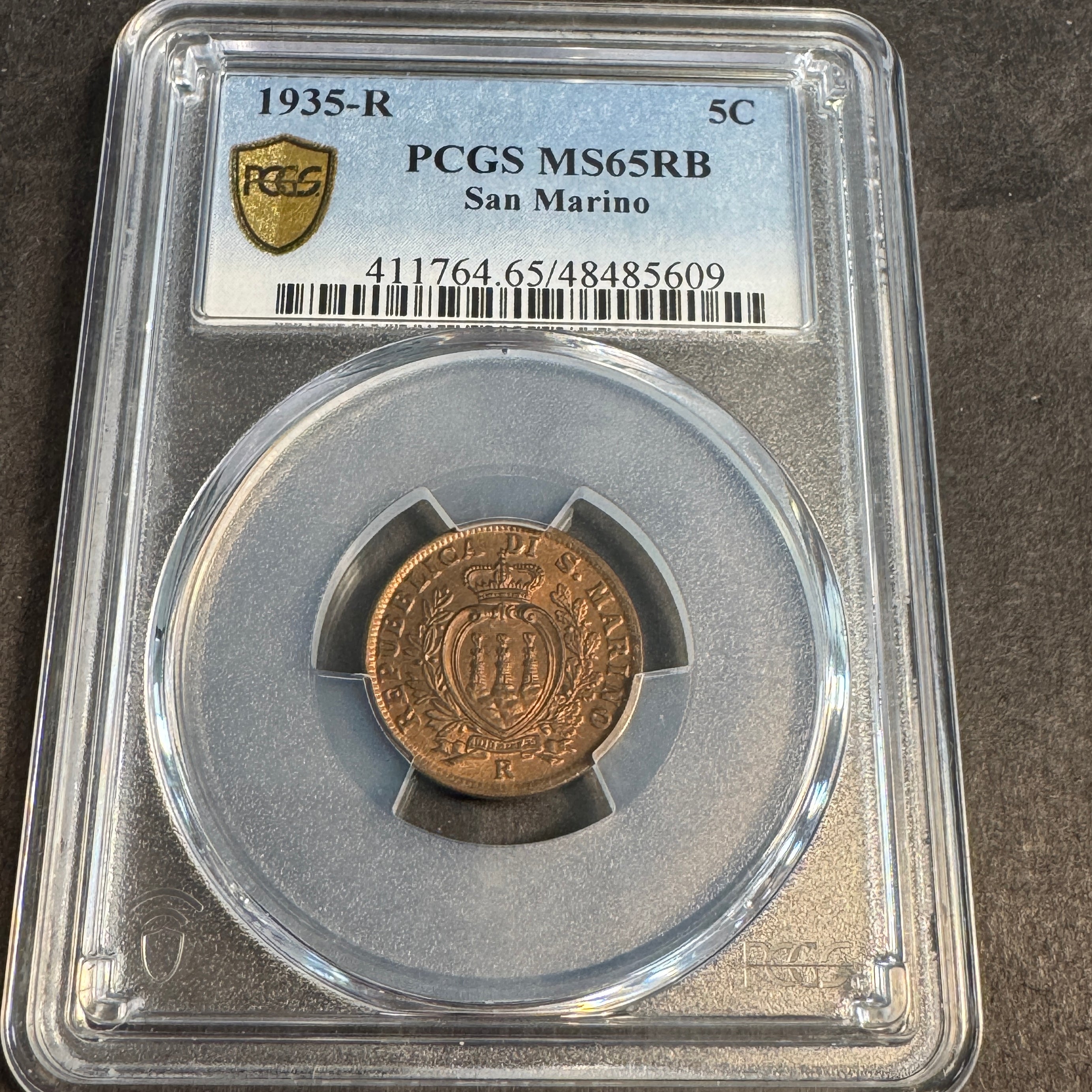 1935-R San Marino 5 Centesimi, PCGS MS-65 RB