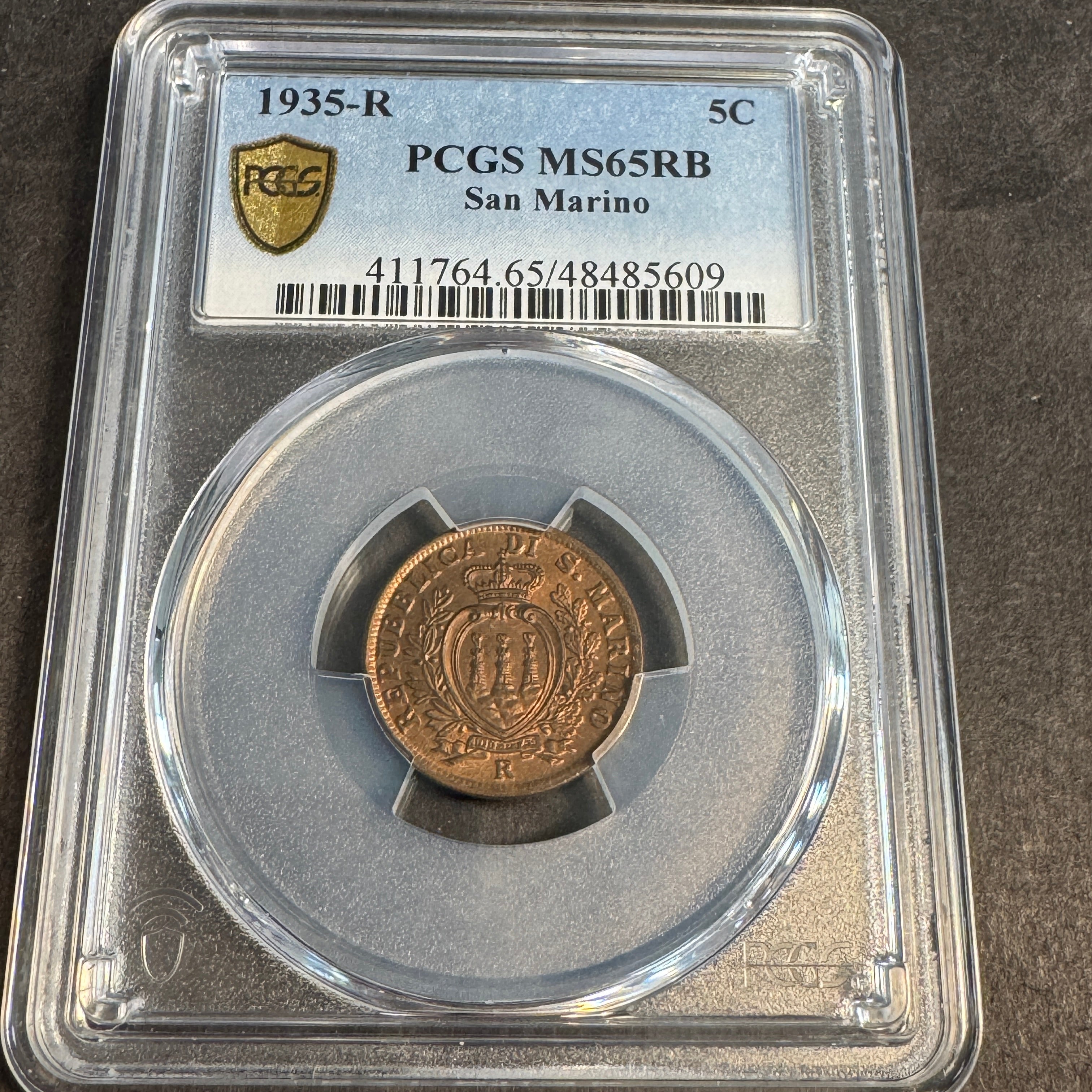 1935-R San Marino 5 Centesimi, PCGS MS-65 RB