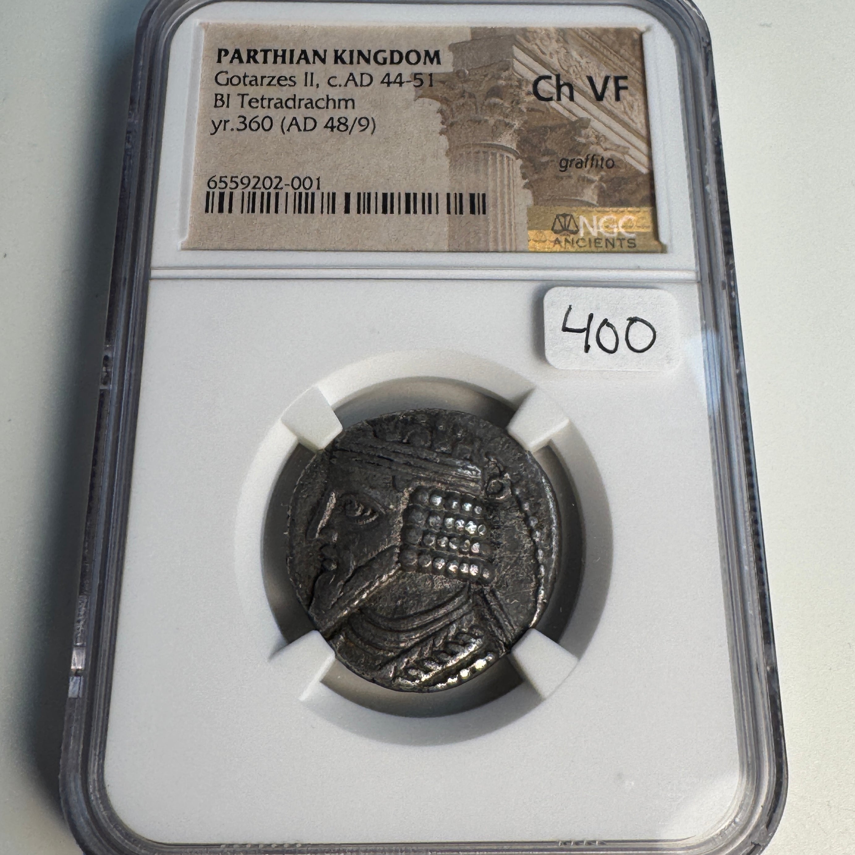 Parthian Empire, Gotarzes II (44-51 AD) Billon Tetradrachm, Yr 360 (AD 48/9), NGC Ch VF