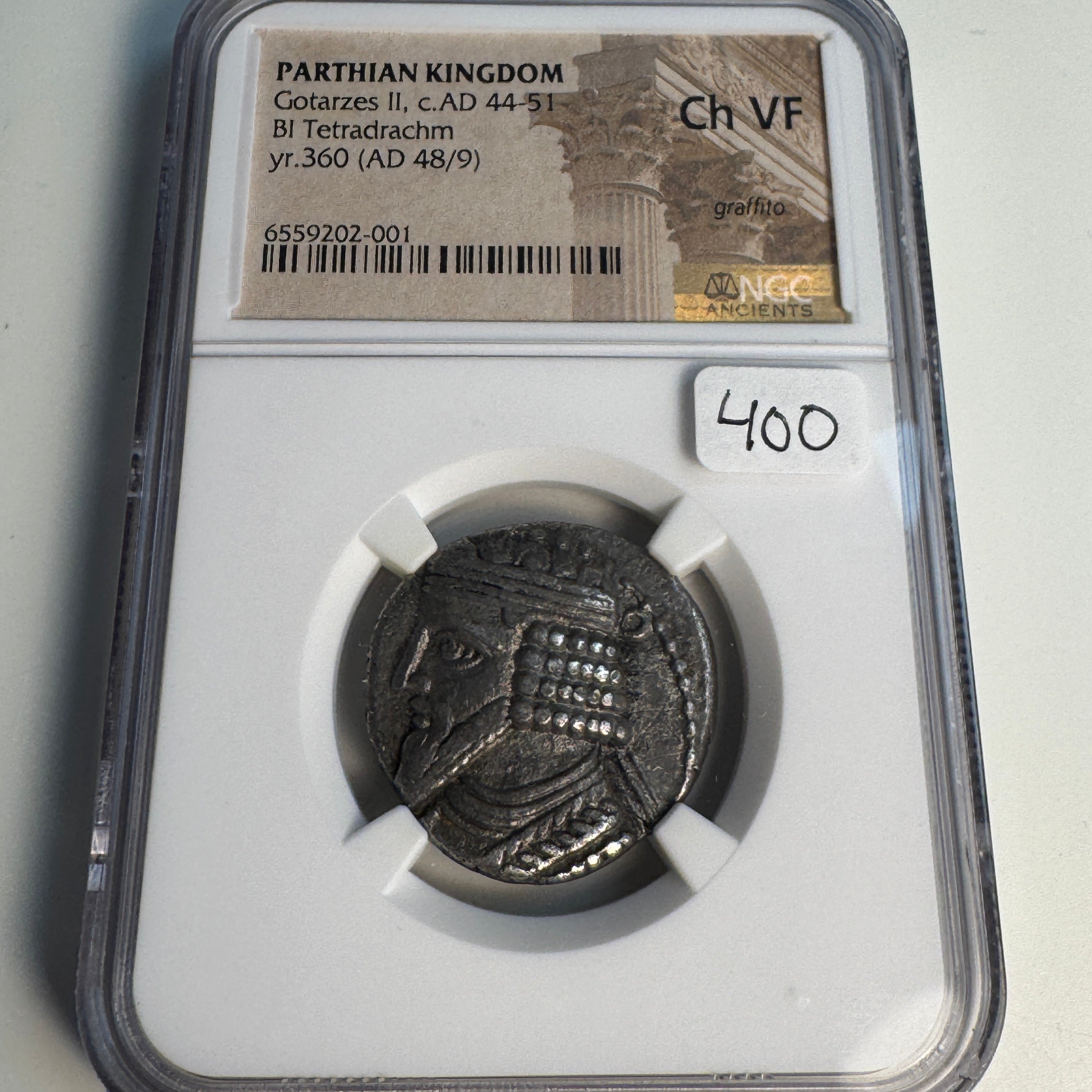 Parthian Empire, Gotarzes II (44-51 AD) Billon Tetradrachm, Yr 360 (AD 48/9), NGC Ch VF