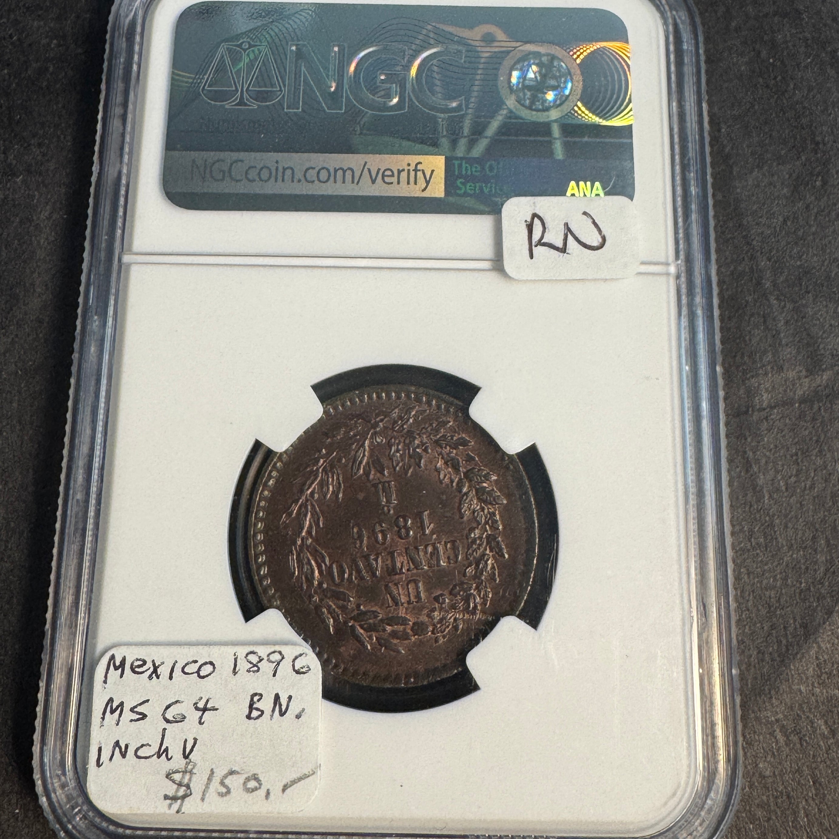 1896-Mo Mexico 2nd Rep. 1 Centavo, NGC MS-64 BN 🇲🇽