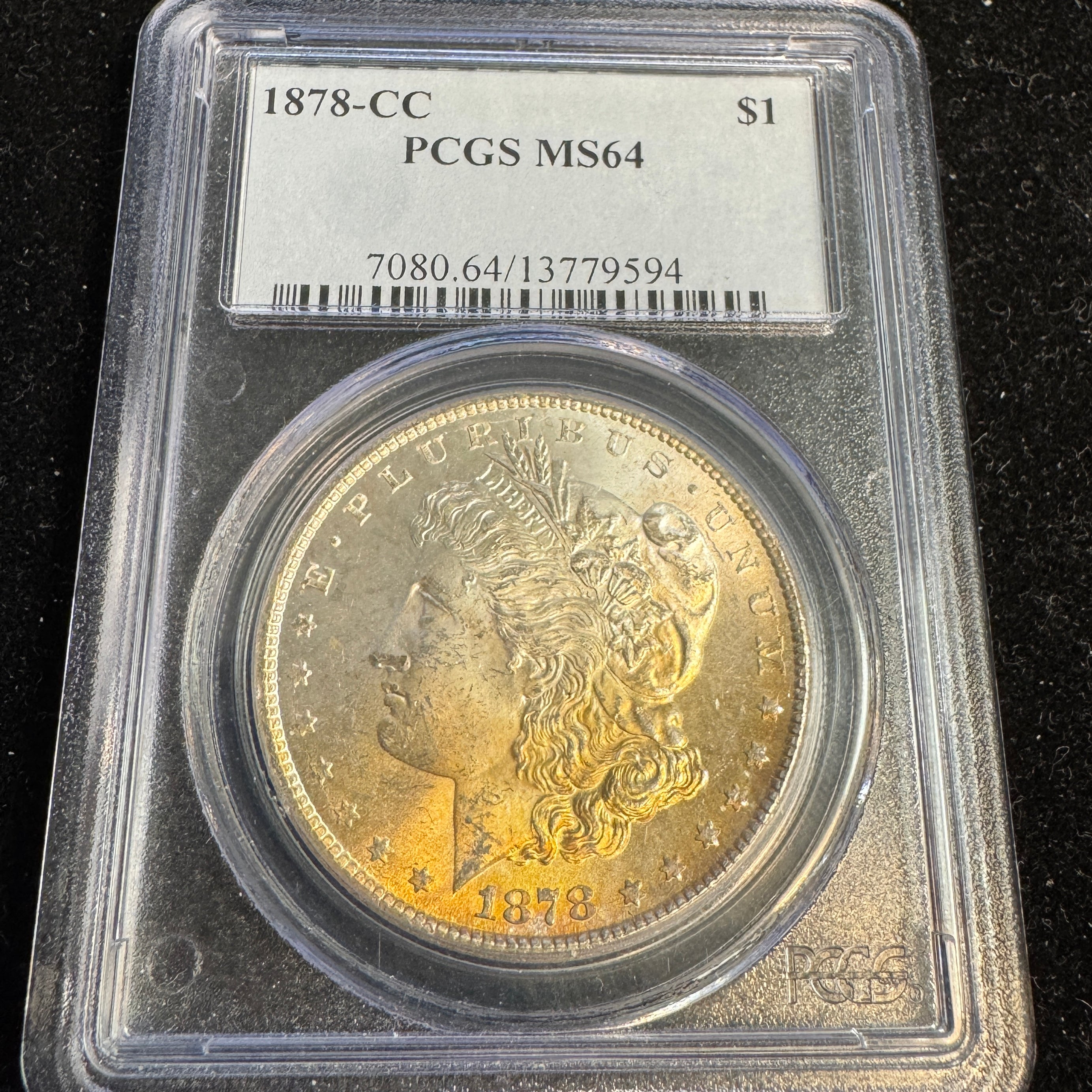 1878-CC Morgan Silver Dollar, PCGS MS-64, obverse toning