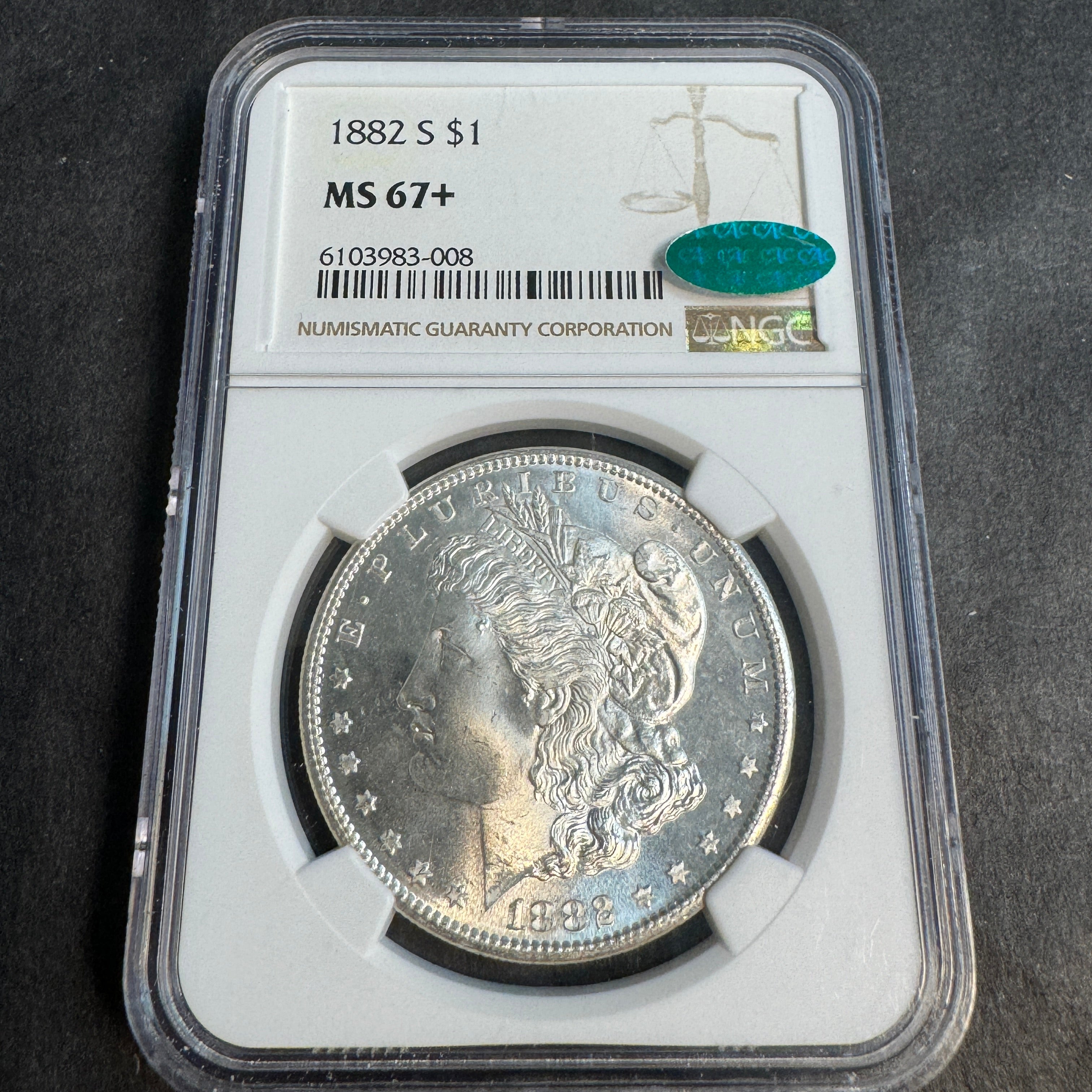 1882-S Morgan Silver Dollar, NGC MS-67+ with Green CAC