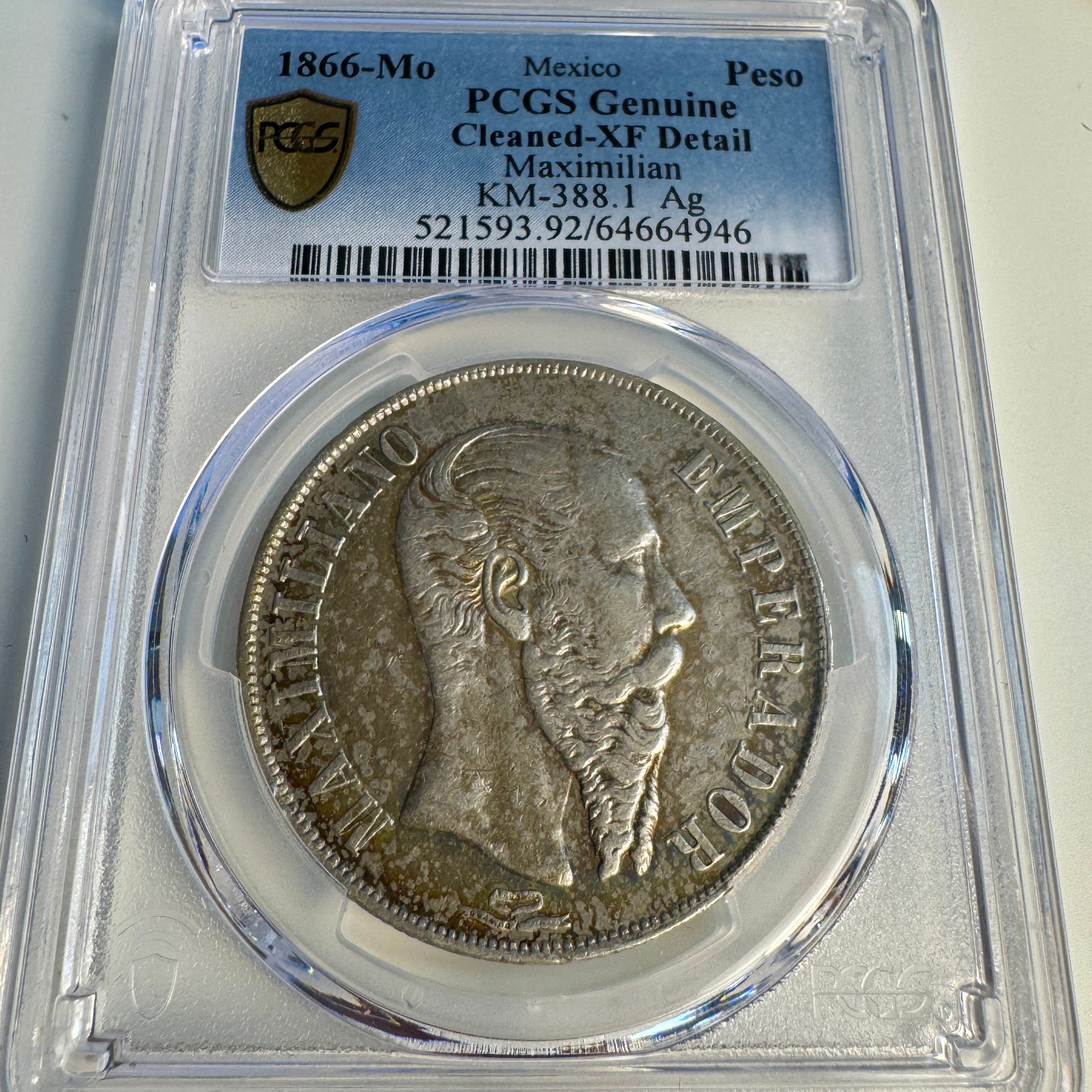 1866-Mo Empire of Maximilian Mexico AR 1 Peso, PCGS XF Details Color Toning