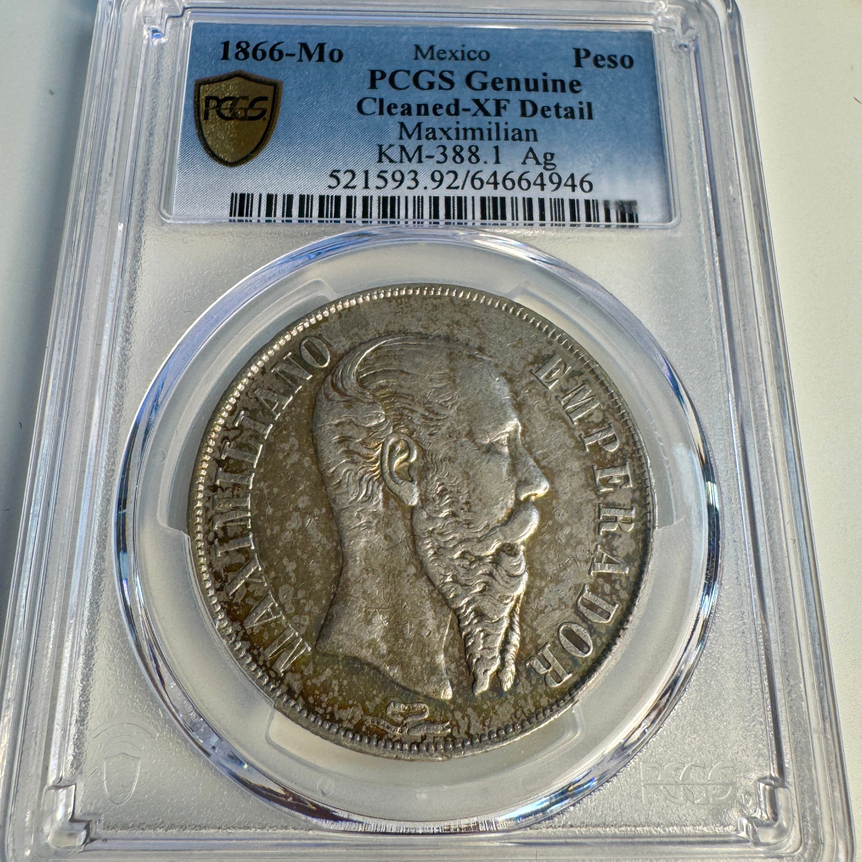 1866-Mo Empire of Maximilian Mexico AR 1 Peso, PCGS XF Details Color Toning