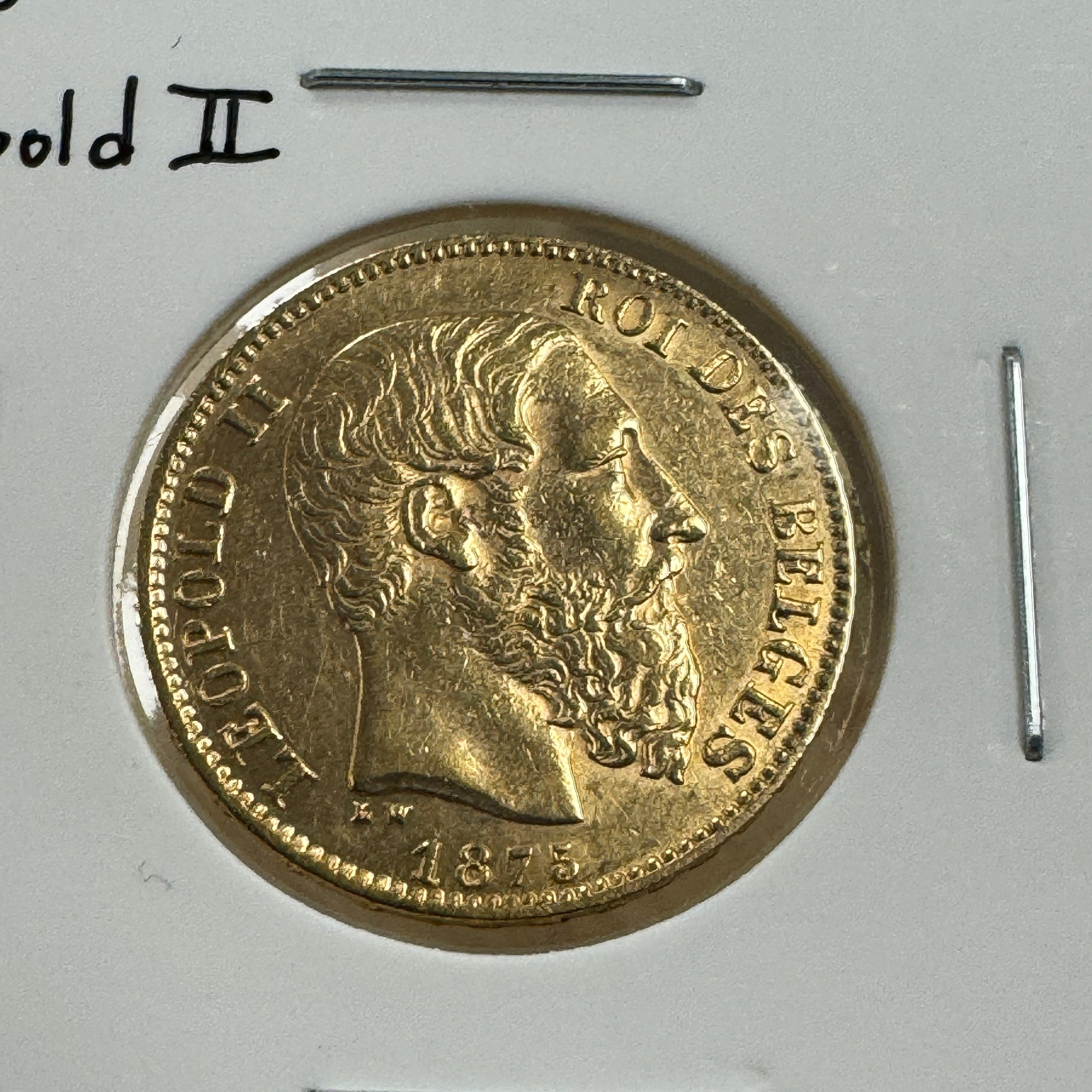 1875 Belgium 20 Francs Gold, Leopold II, AU