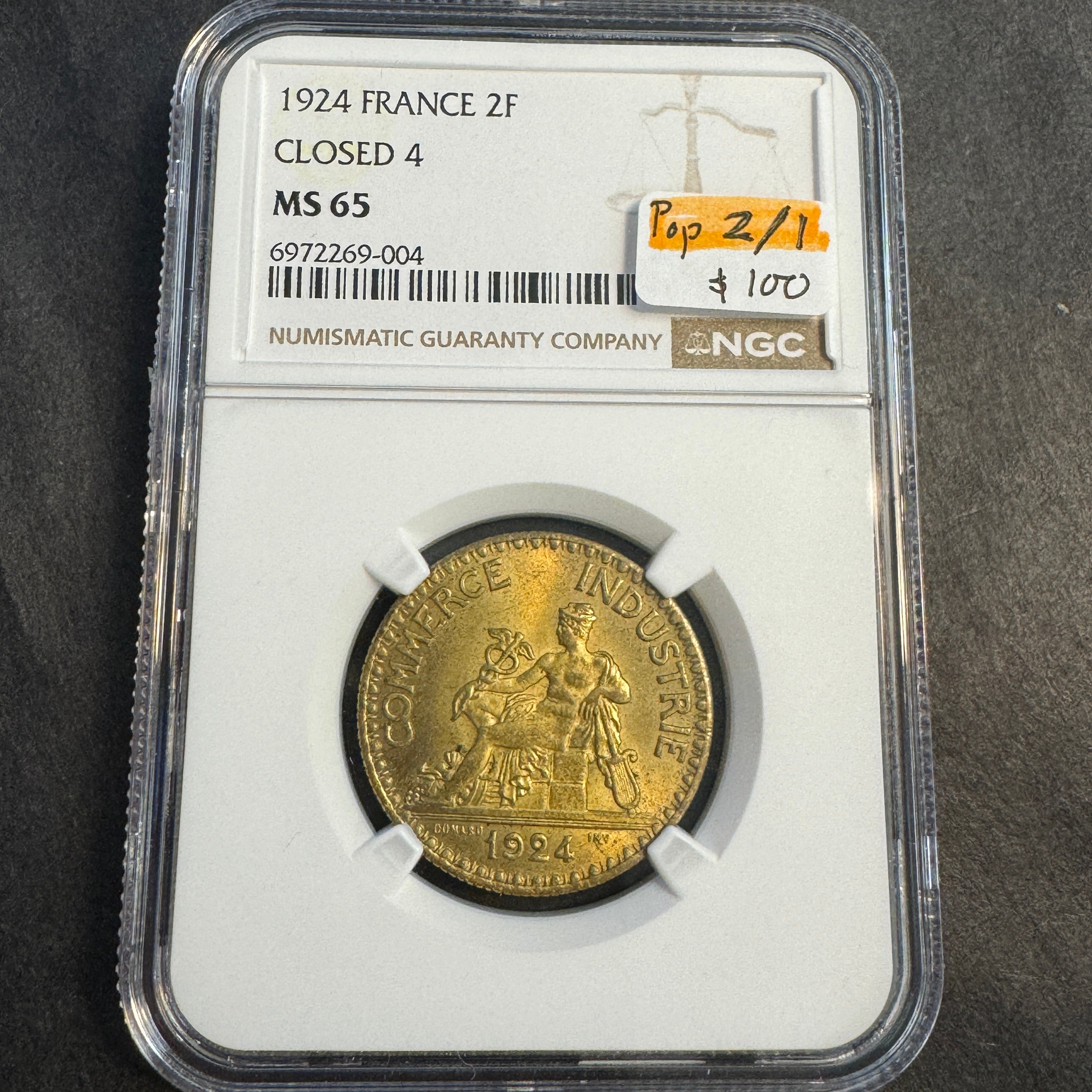 1924 France 2 Francs, Closed 4 Variety, Seated Mercury, NGC MS-65, Near Top Pop 2/1 🇫🇷