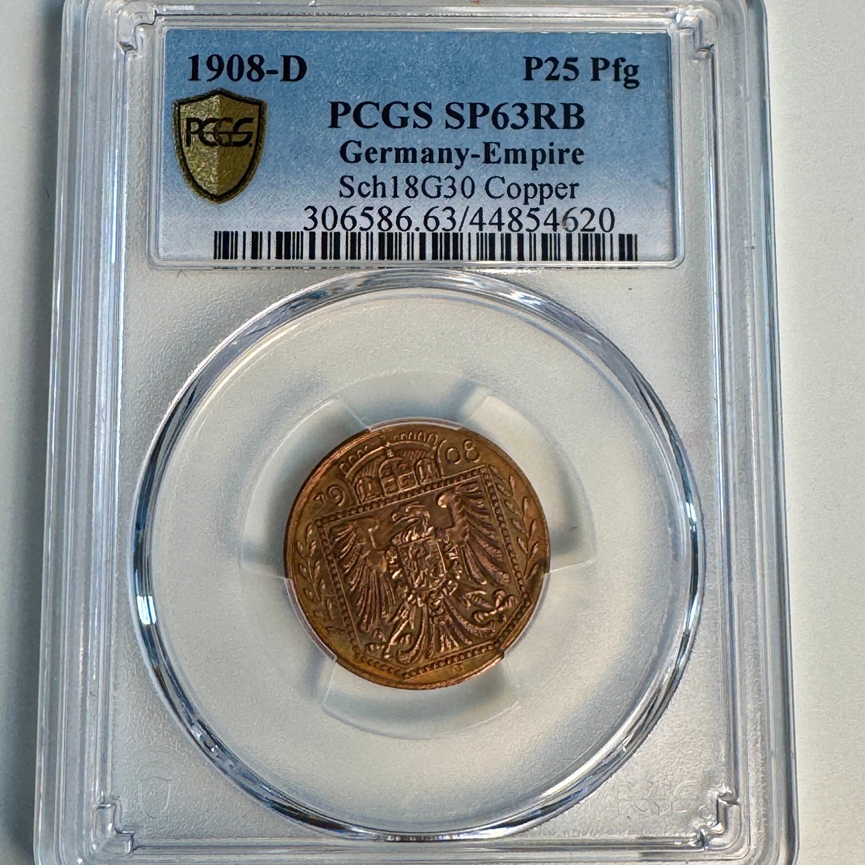1908-D Germany Empire PATTERN 25 Pfennig, Sch-18G30 Copper, PCGS SP-63 RB
