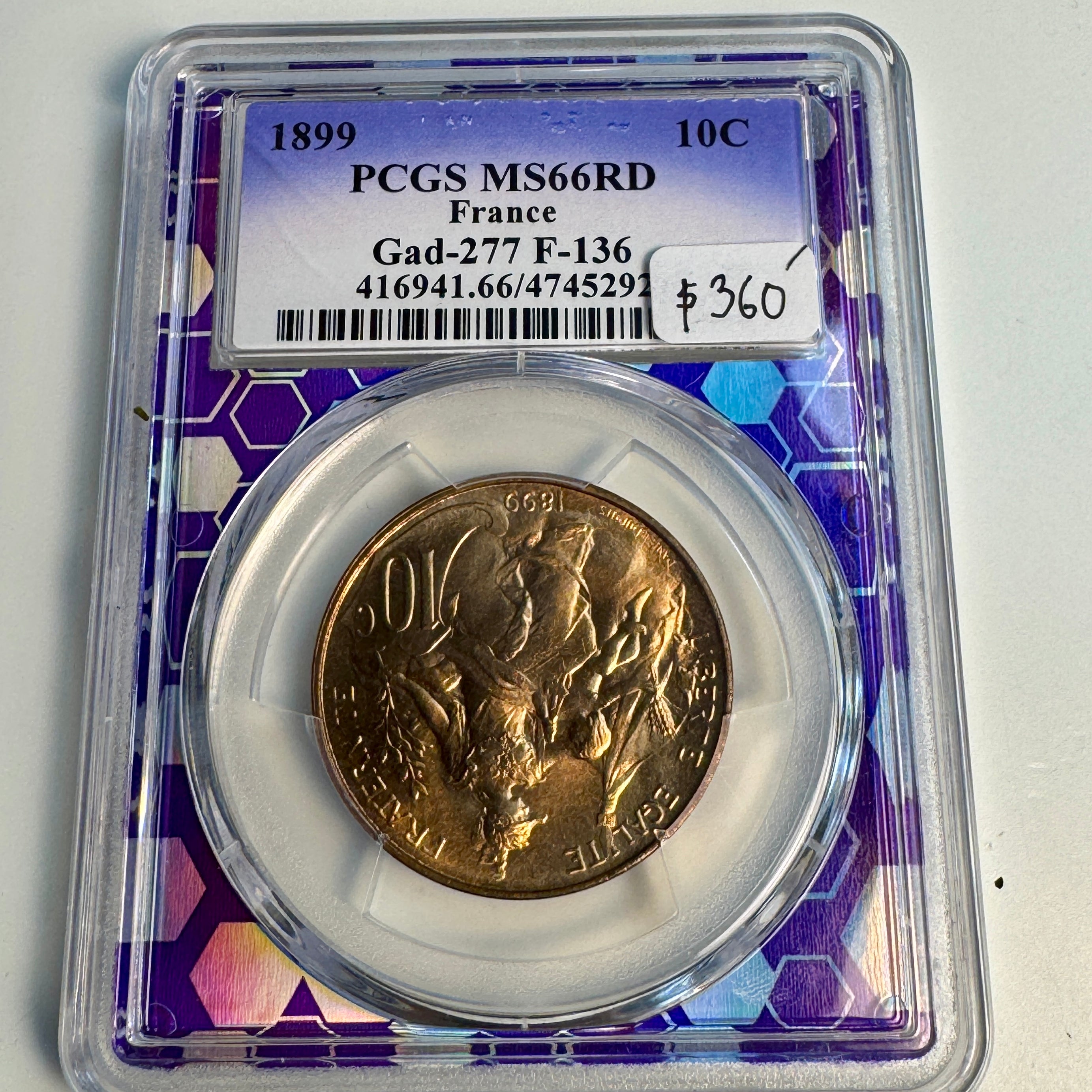 1899 France AE 10 Centimes, Gad-277, PCGS MS-66 RD / Red 🇫🇷 Pop. 11/8