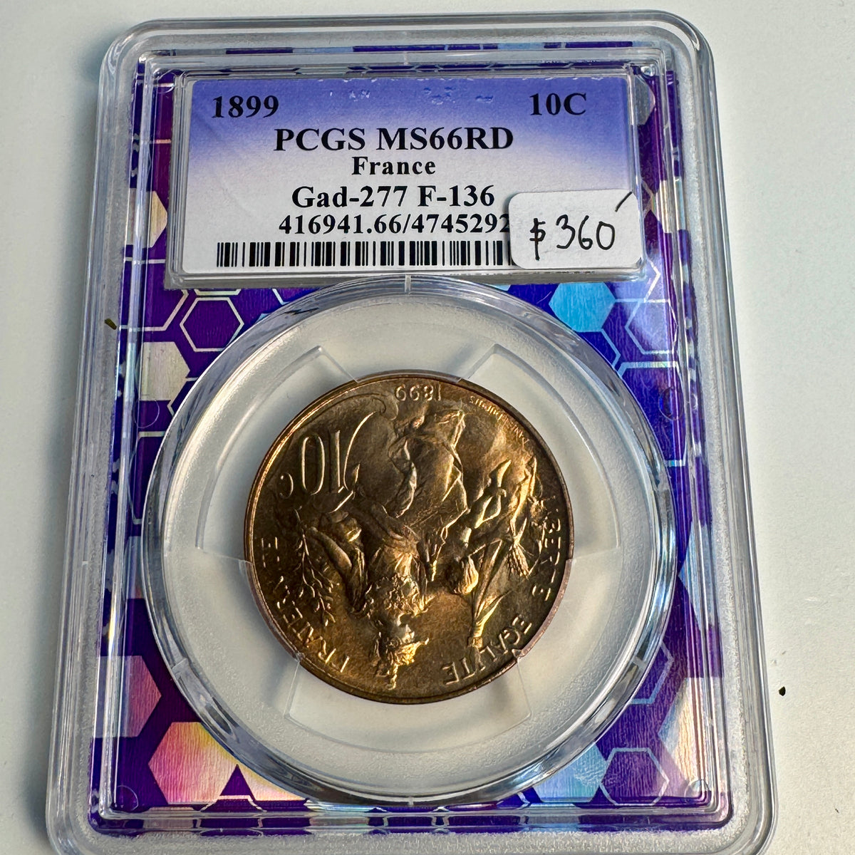 1899 France AE 10 Centimes, Gad-277, PCGS MS-66 RD / Red 🇫🇷 Pop. 11/8