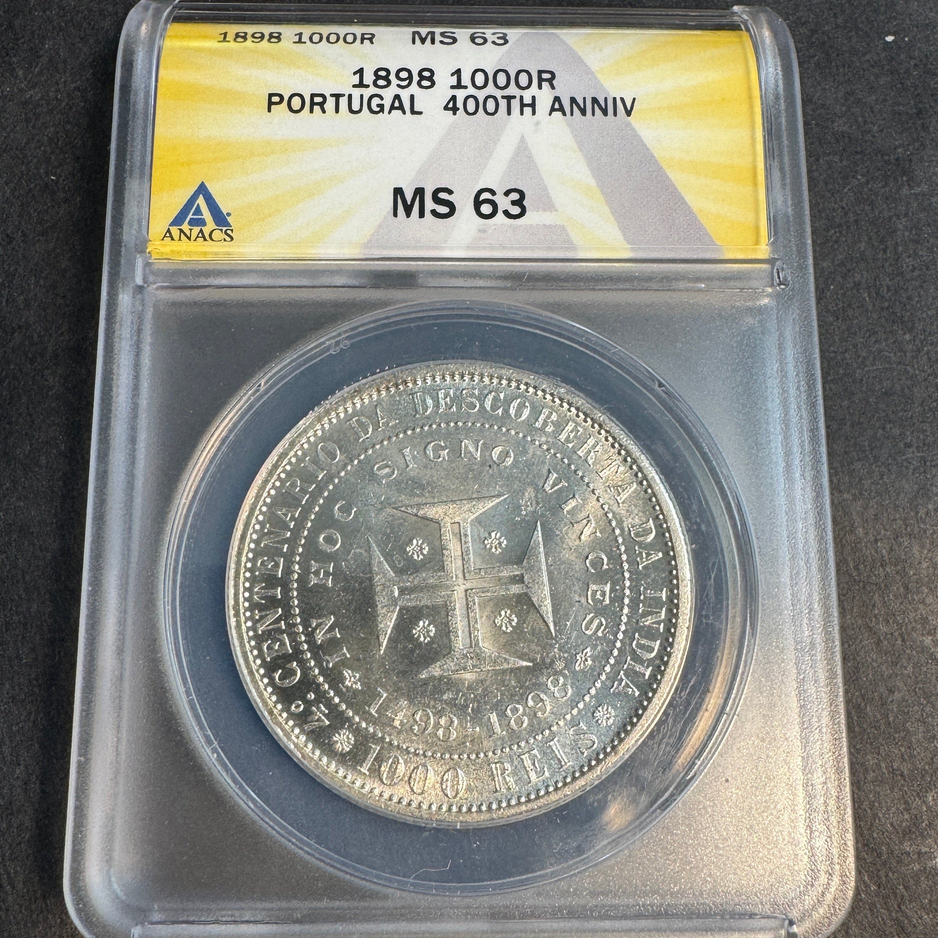1898 Portugal AR 1000 Reis, 400th Anniv. Discovery of India, ANACS MS-63 🇵🇹