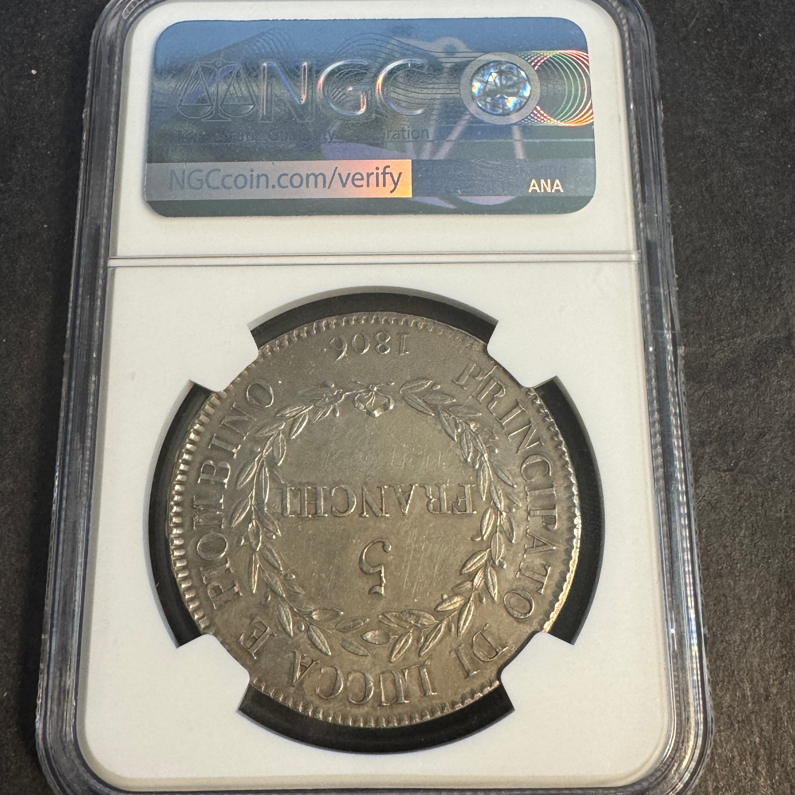 1806 Luca & Piombino, AR 5 Franchi, Elisa Bonaparte, Napoleonic Italy, NGC AU Details