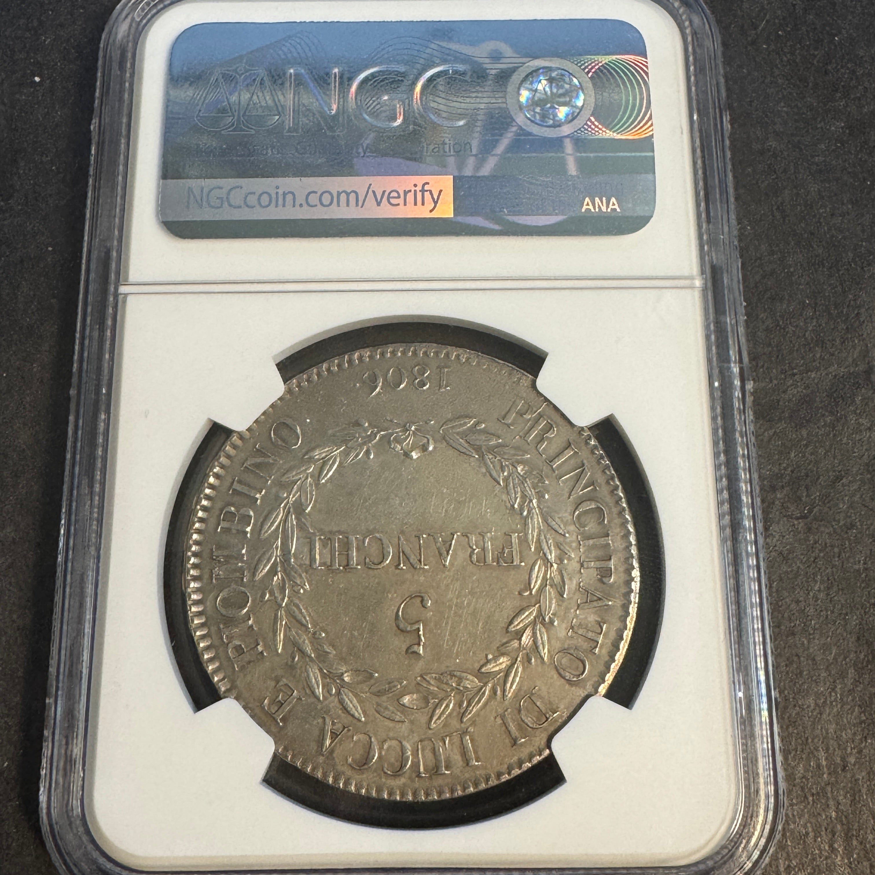 1806 Luca & Piombino, AR 5 Franchi, Elisa Bonaparte, Napoleonic Italy, NGC AU Details
