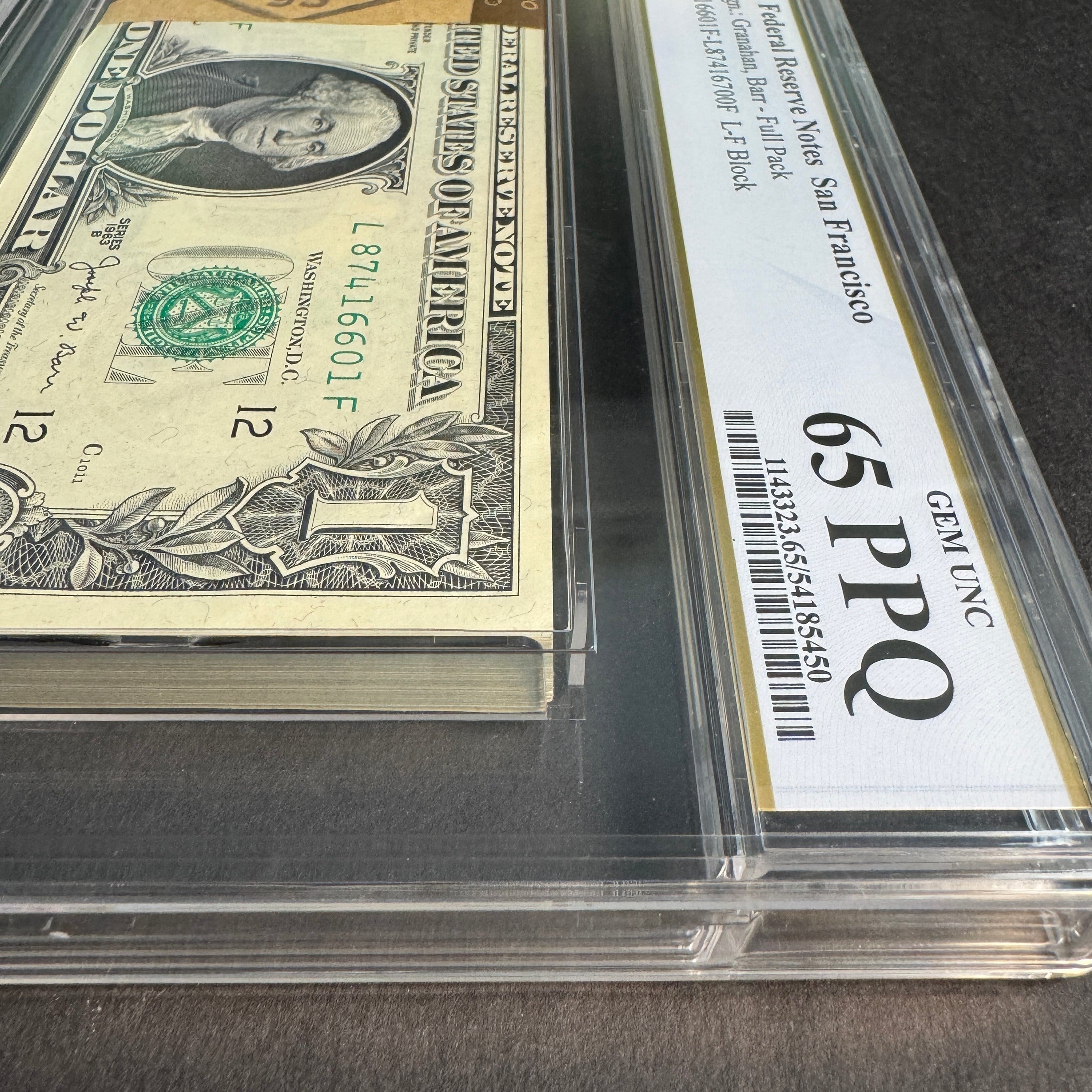 (100) Full Pack 1963 B $1 Federal Reserve Notes San Francisco, J. BARR Signature, 1969 Bank Strap, Fr. 1902-L, PCGS Gem Unc 65 PPQ