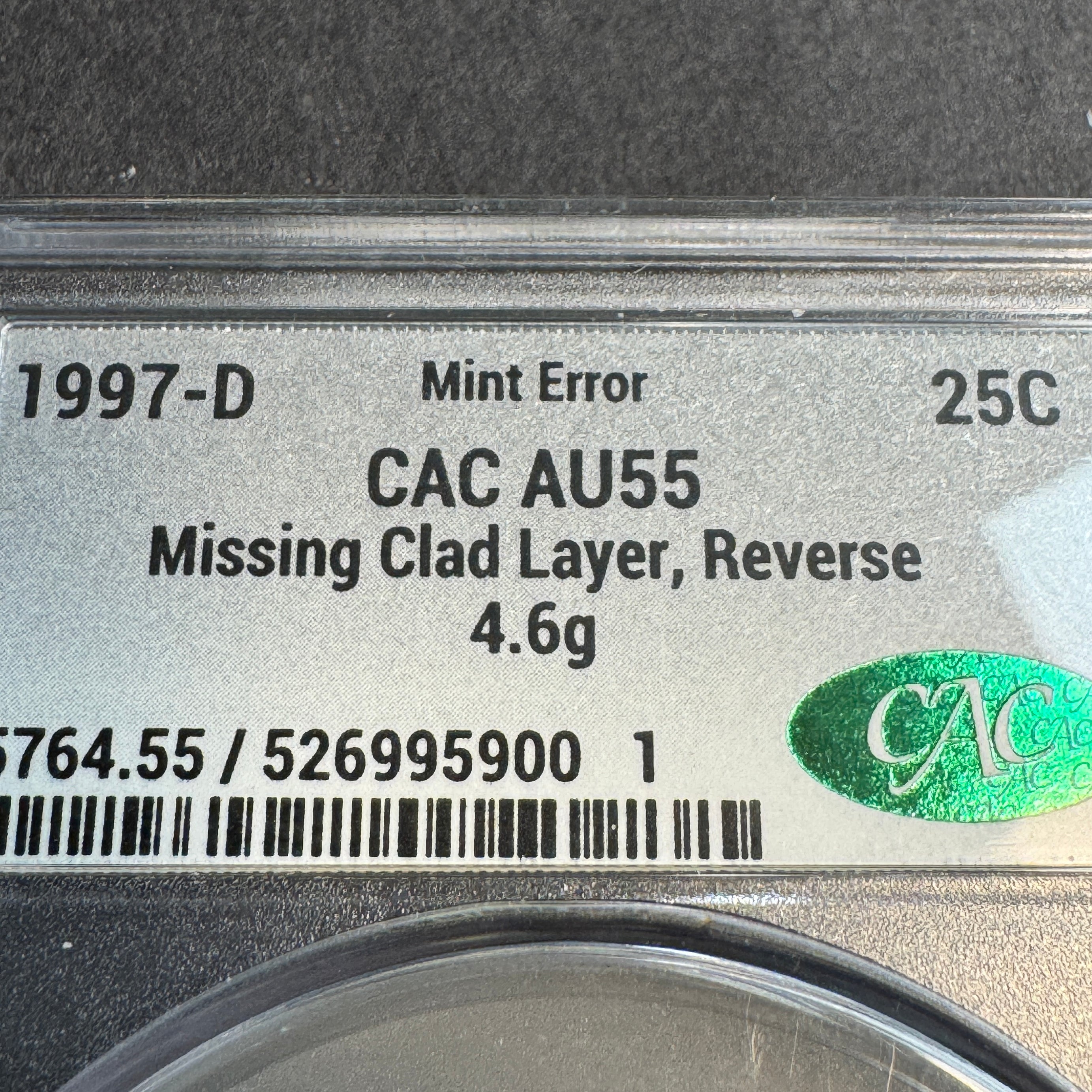 1997-D Washington Quarter 25c, Missing Clad Layer on Reverse, Denver Mint Error CAC AU-55