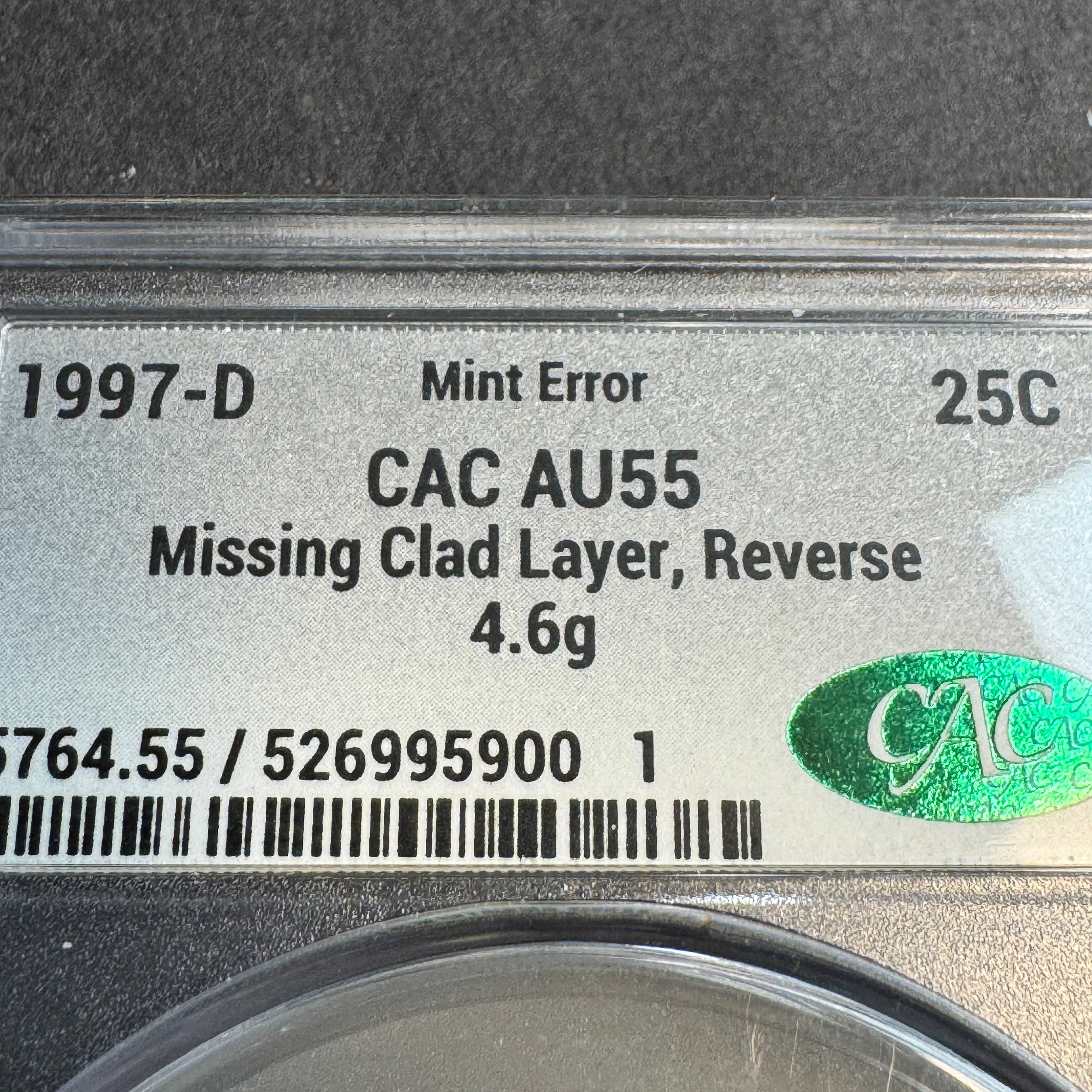 1997-D Washington Quarter 25c, Missing Clad Layer on Reverse, Denver Mint Error CAC AU-55