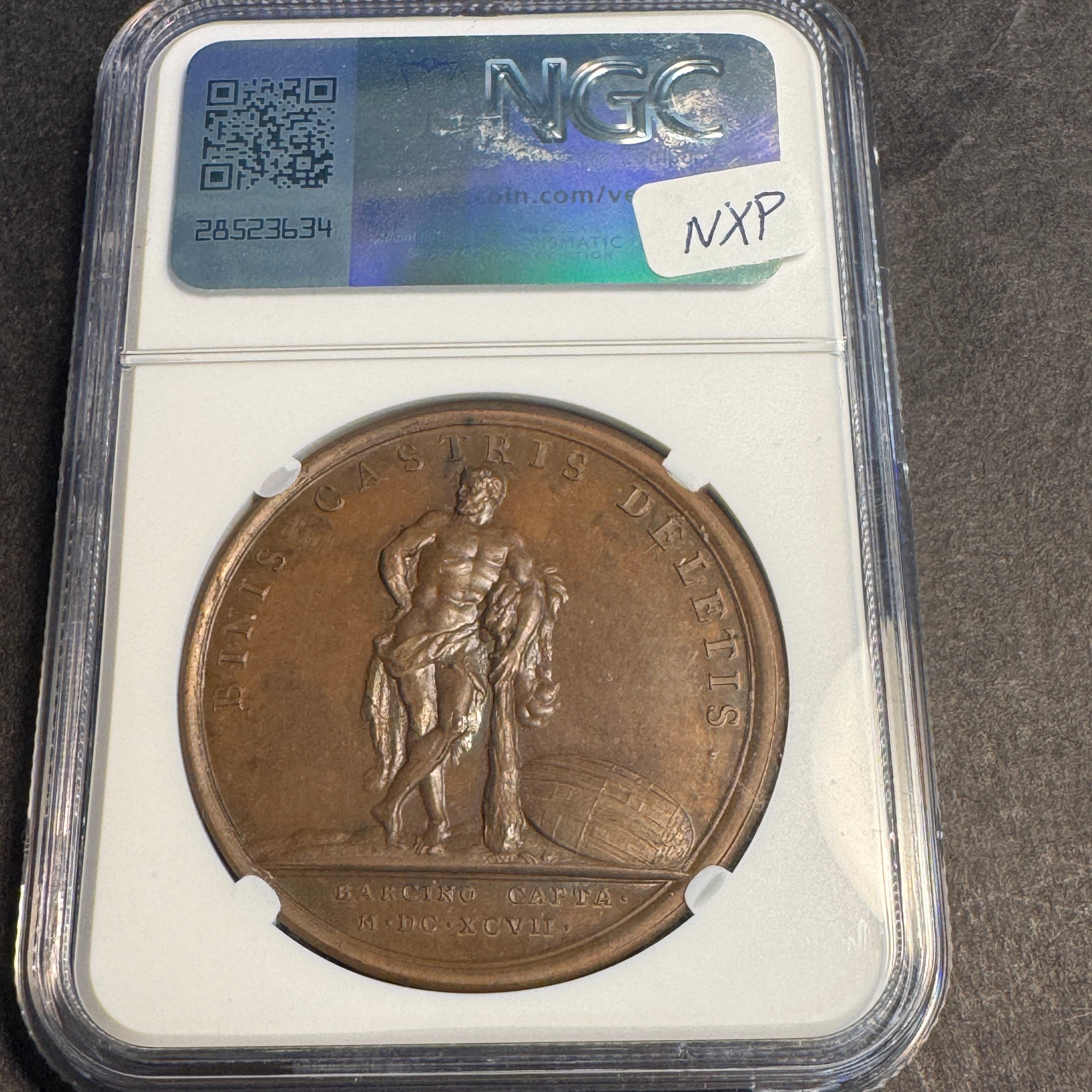 1697-Dated France Bronze Medal Divo-267, King Louis / Hercules, Capture of Barcelona, NGC MS-64 BN 🇫🇷