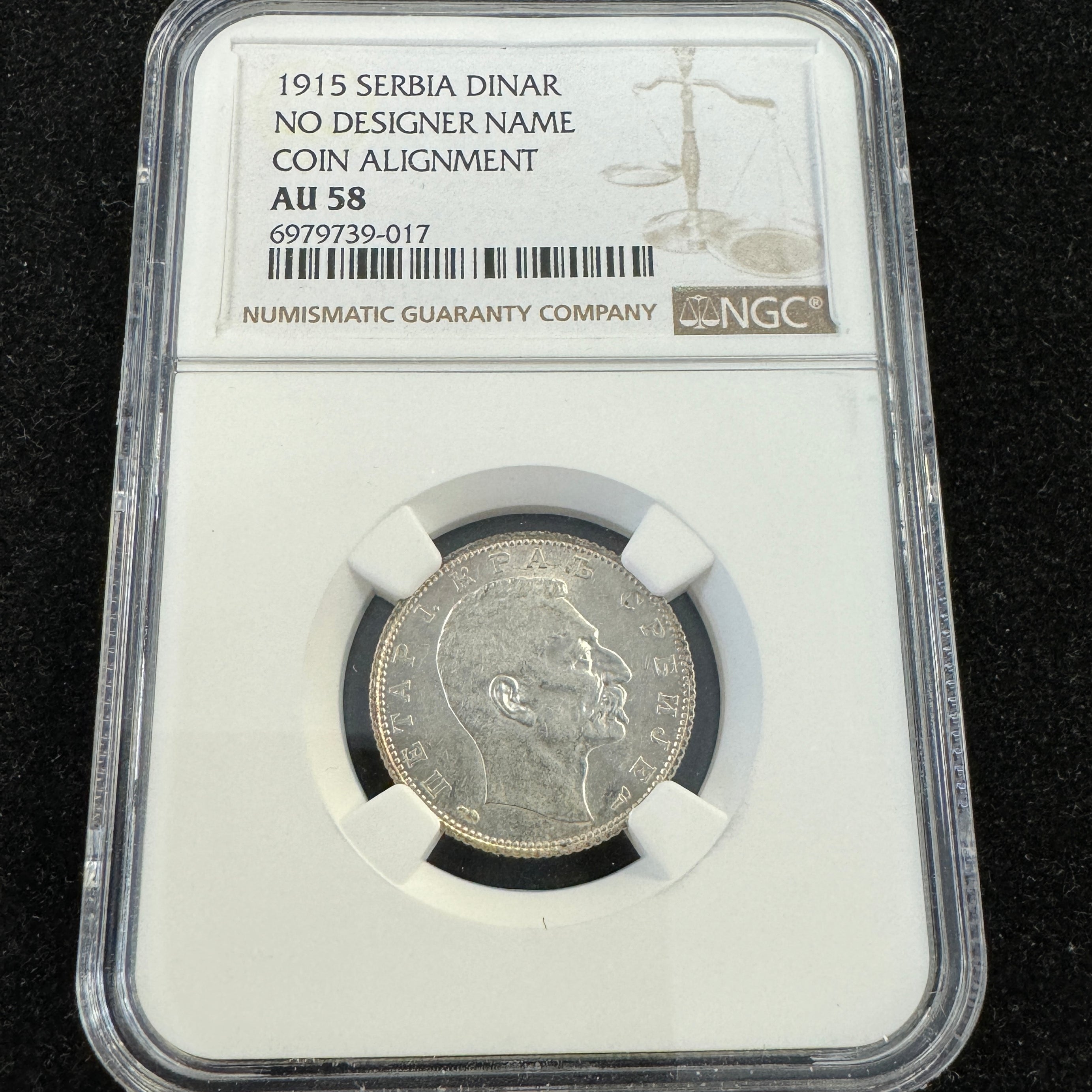 1915 Serbia 1 Dinar, Petar I, No Designer Name Coin Alignment, NGC AU-58