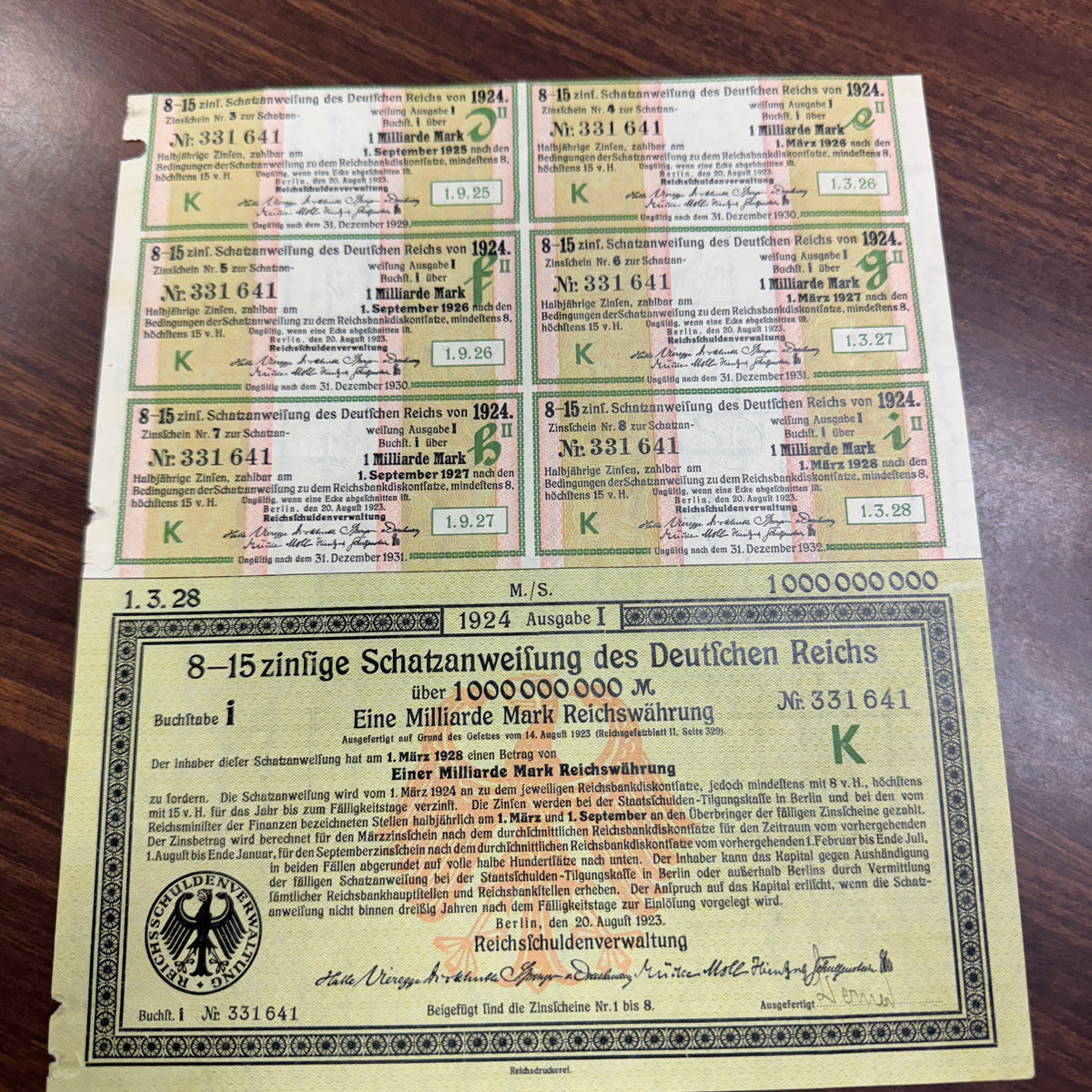 1924 Weimar Germany 1,000,000,000 Mark Bond with 6 coupons