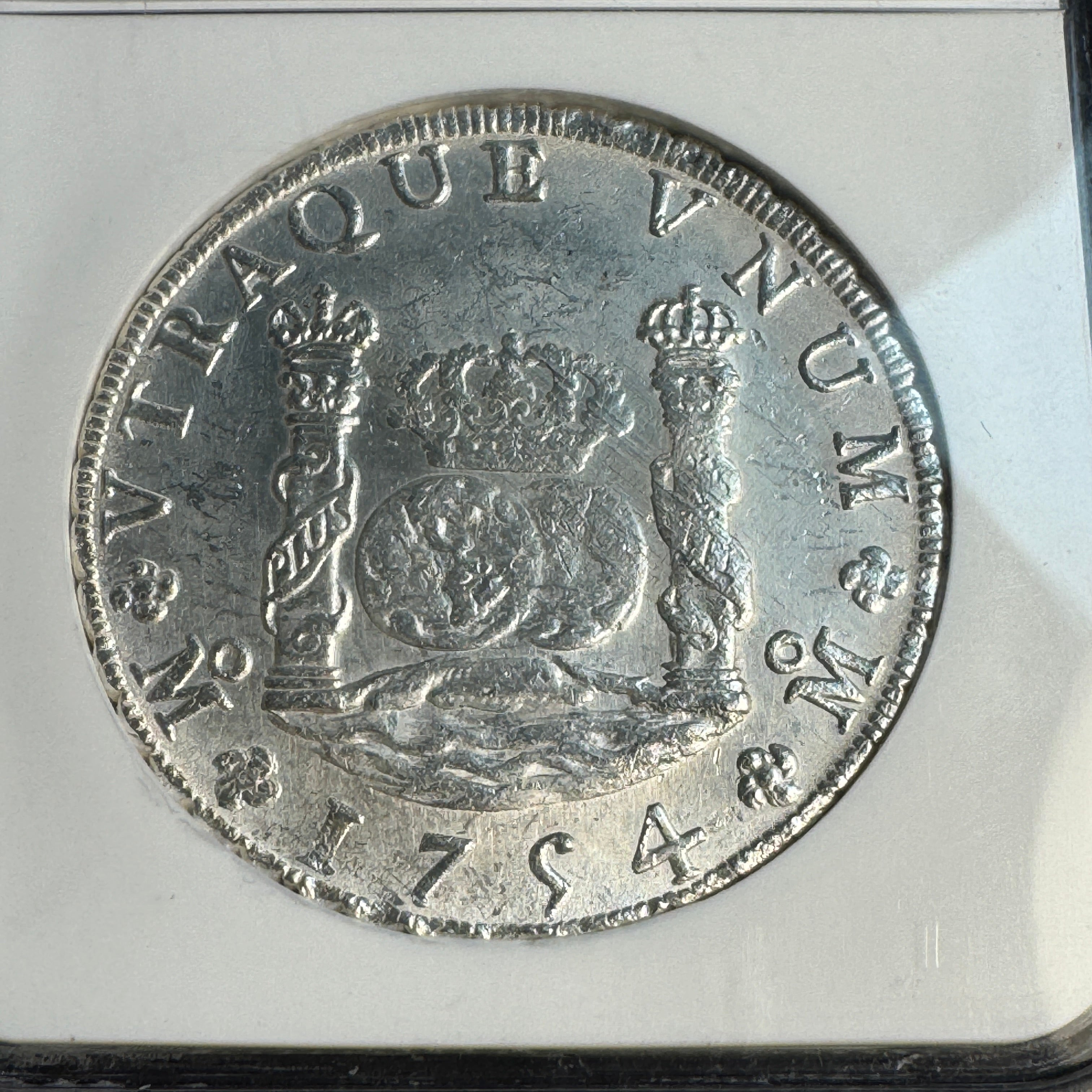 1754 Mo-MM Mexico 8 Reales, Spanish Empire Ferd VI, Pillars type, NGC MS-61