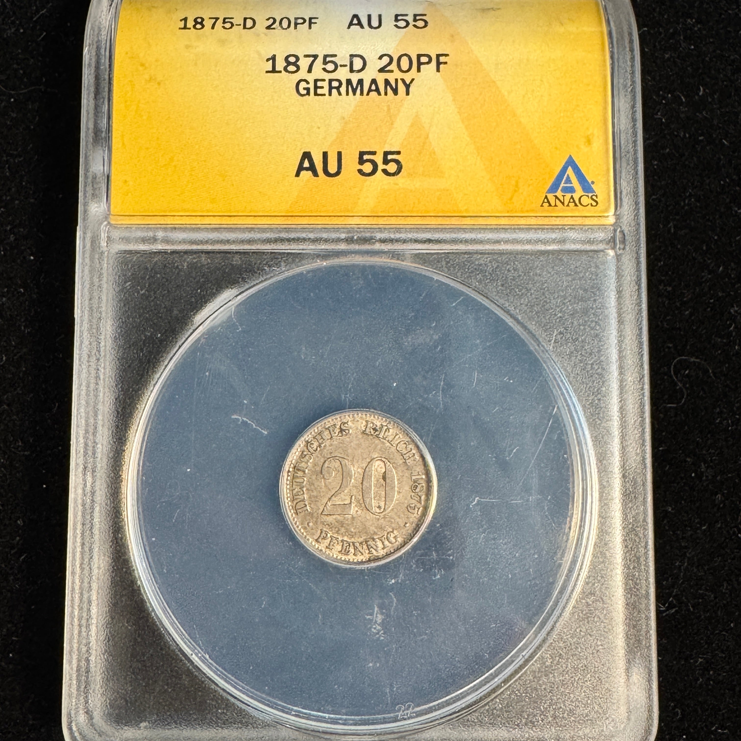 1875-D Germany Empire AR 20 Pfennig, ANACS AU-55