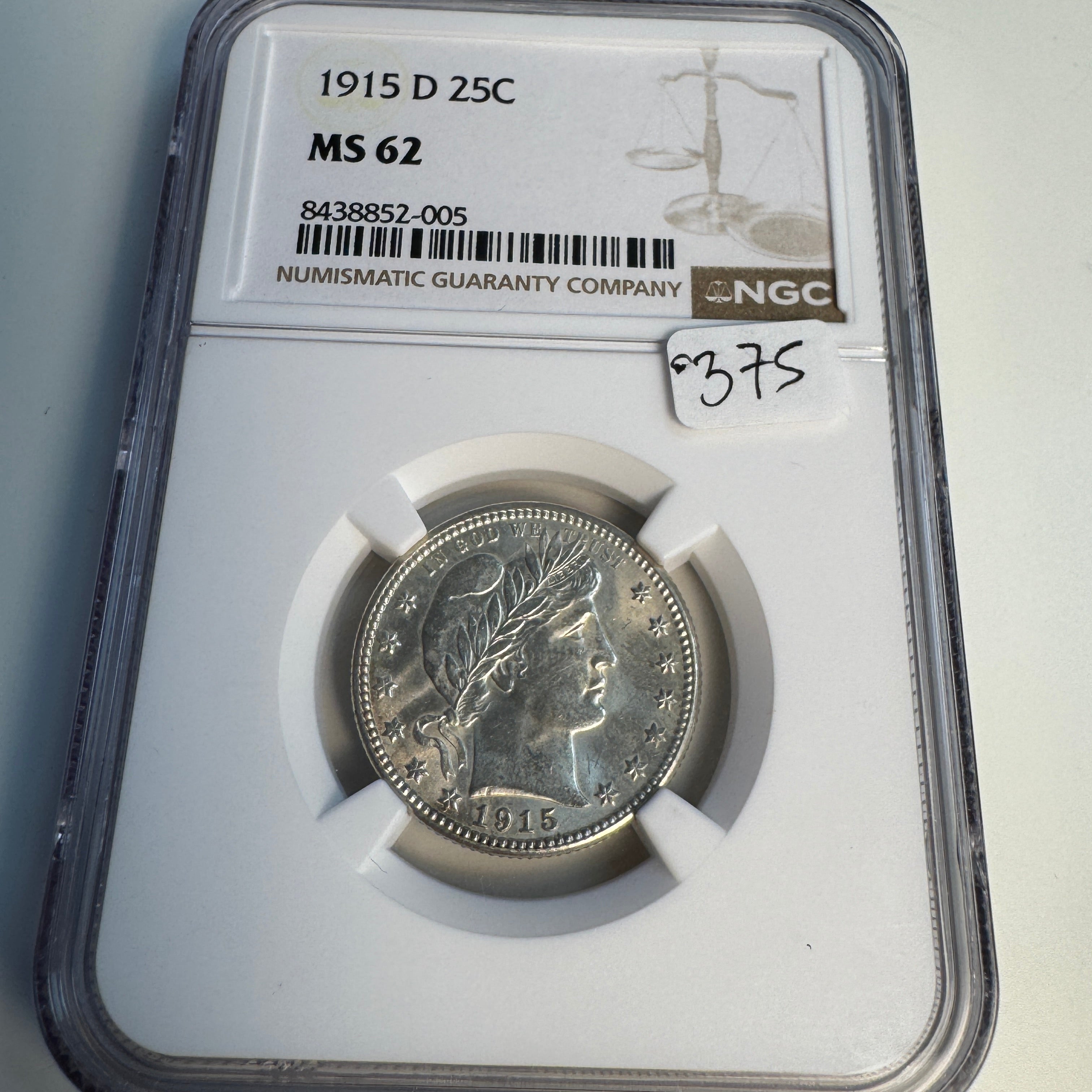 1915-D Barber Quarter 25c, NGC MS-62