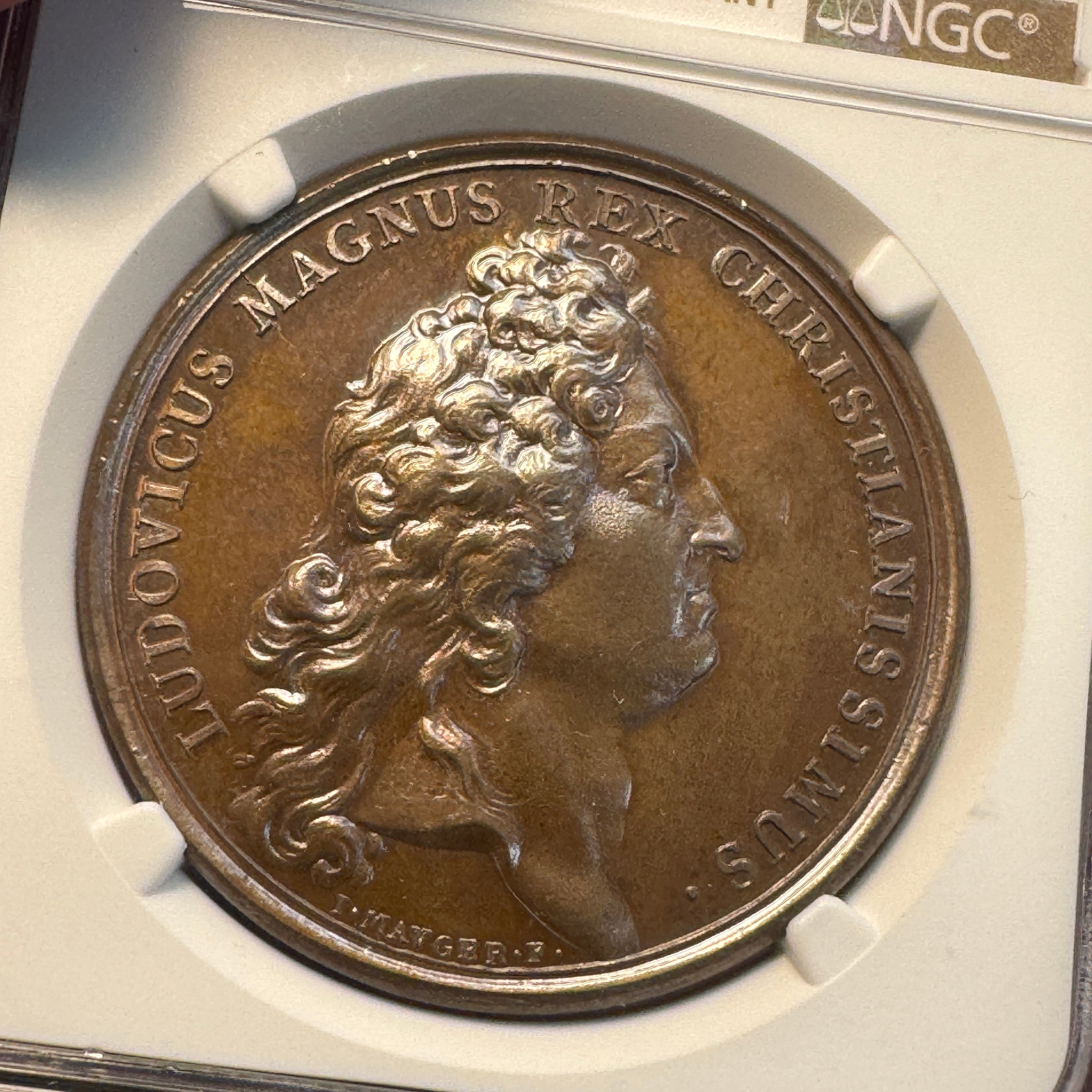 1697-Dated France Bronze Medal Divo-267, King Louis / Hercules, Capture of Barcelona, NGC MS-64 BN 🇫🇷