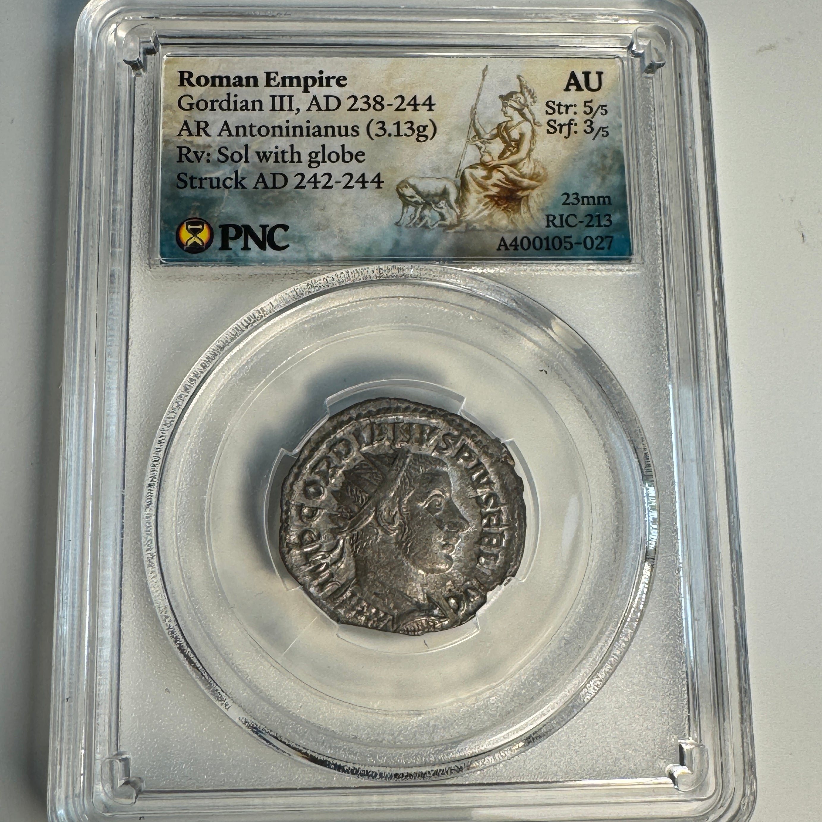 Gordian III (AD 238-244) Roman Empire, AR Denarius, Rx: Sol w/globe, RIC-213, PNC AU