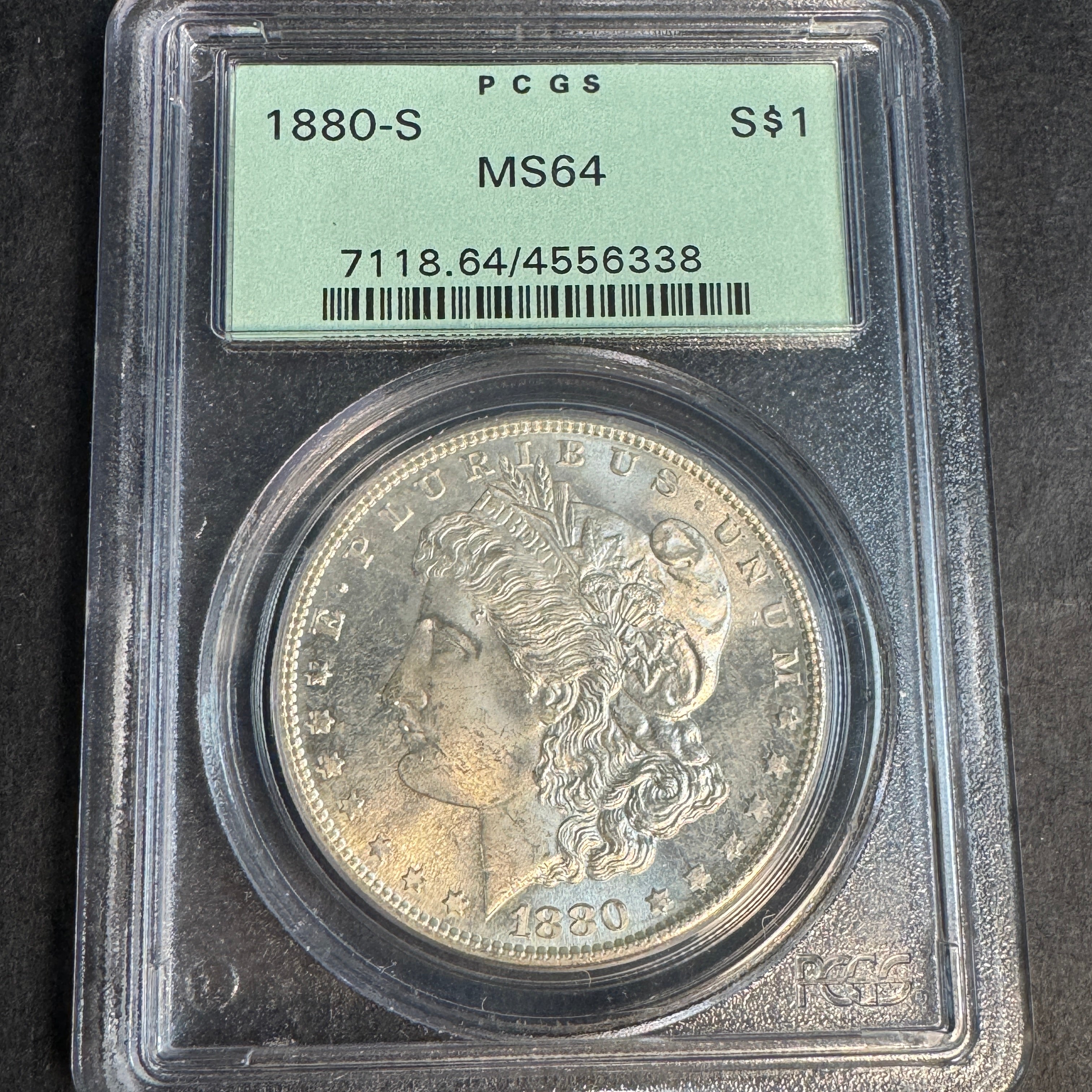 1880-S Morgan Silver Dollar, “Old Green” PGCS MS-64