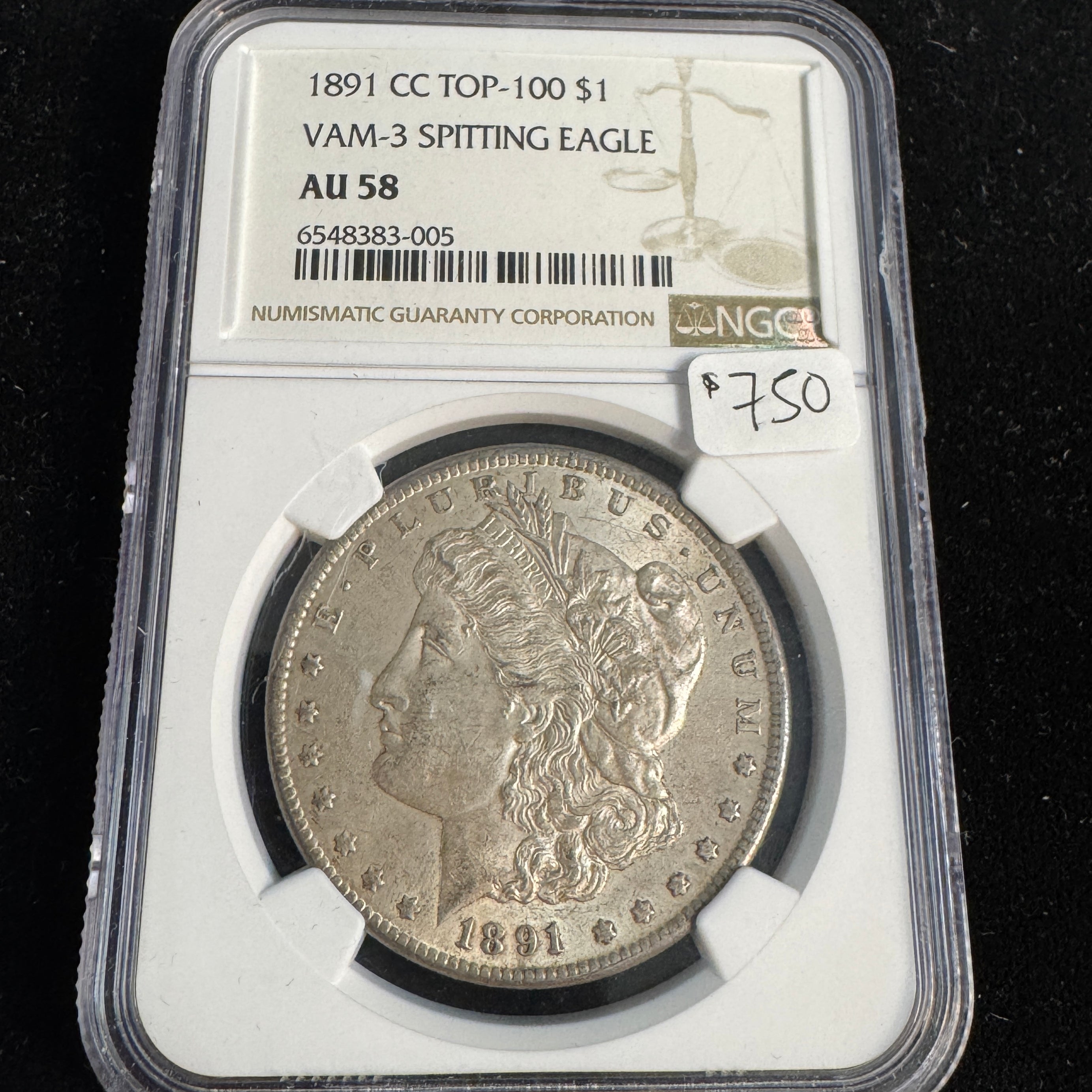 1891-CC Top-100 VAM-3 Spitting Eagle Morgan Silver Dollar, NGC AU-58