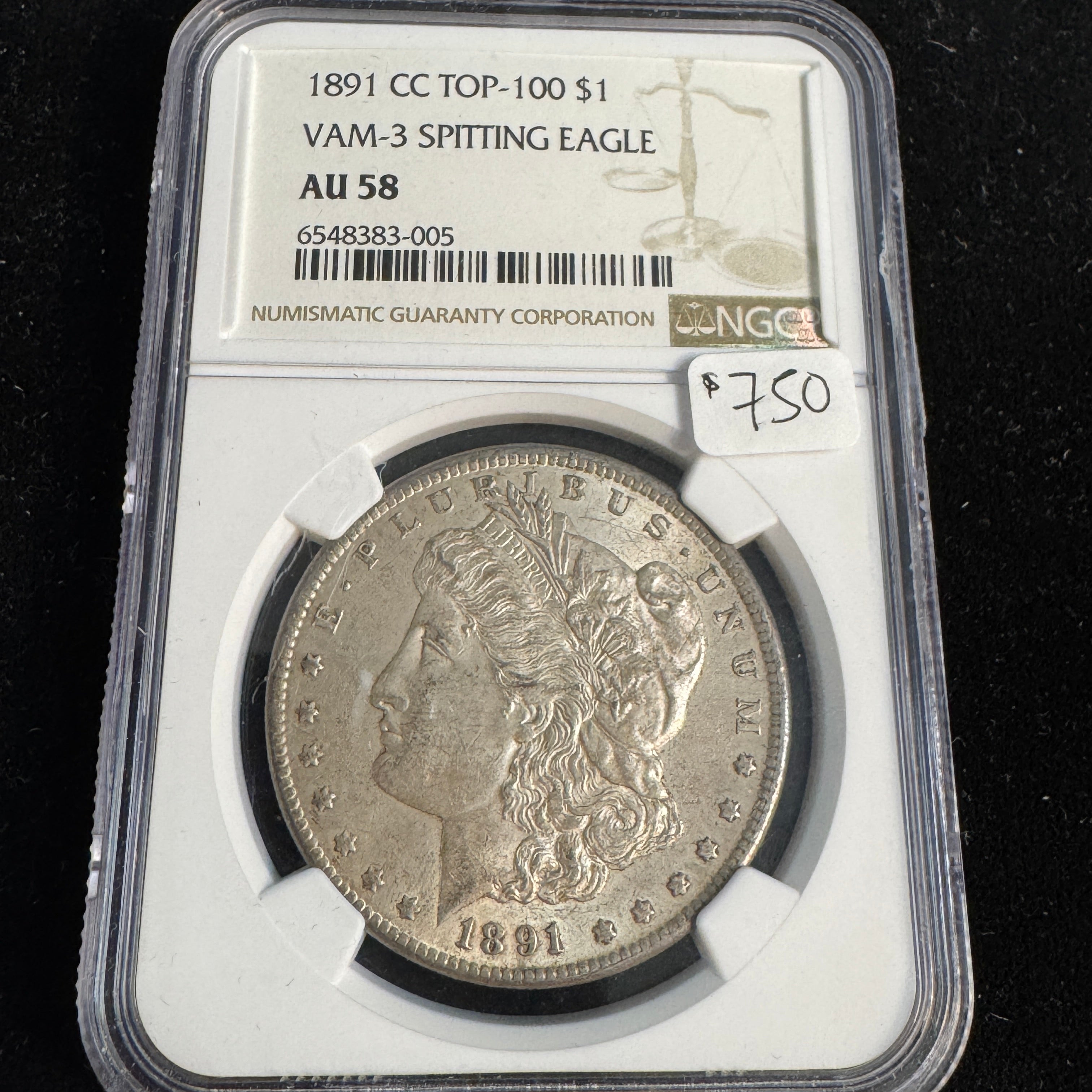1891-CC Top-100 VAM-3 Spitting Eagle Morgan Silver Dollar, NGC AU-58