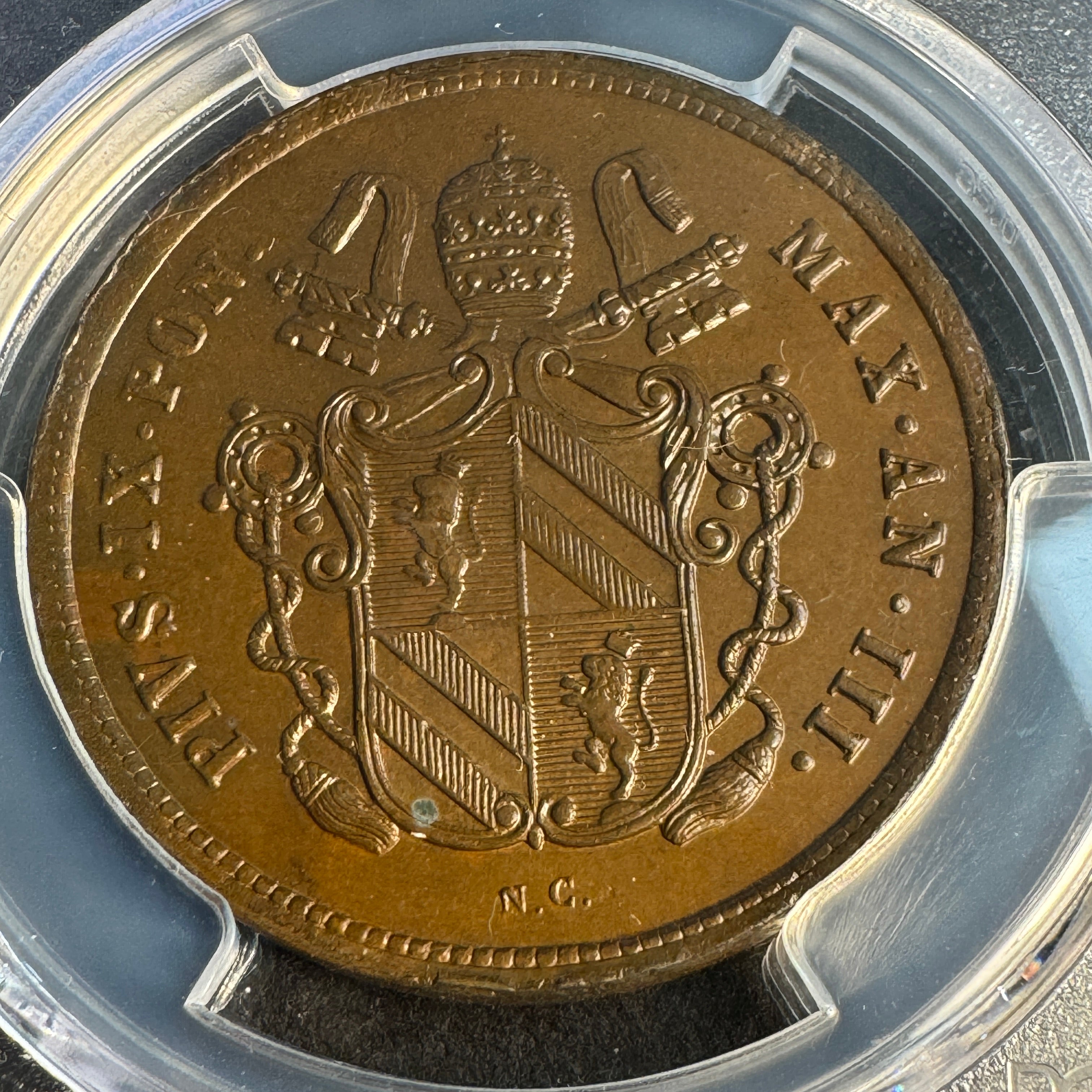 1848-R Papal States 2 Baiocchi AE, Pius IX Anno III, PCGS MS-64 BN🇻🇦Top Pop 1/0 🏆