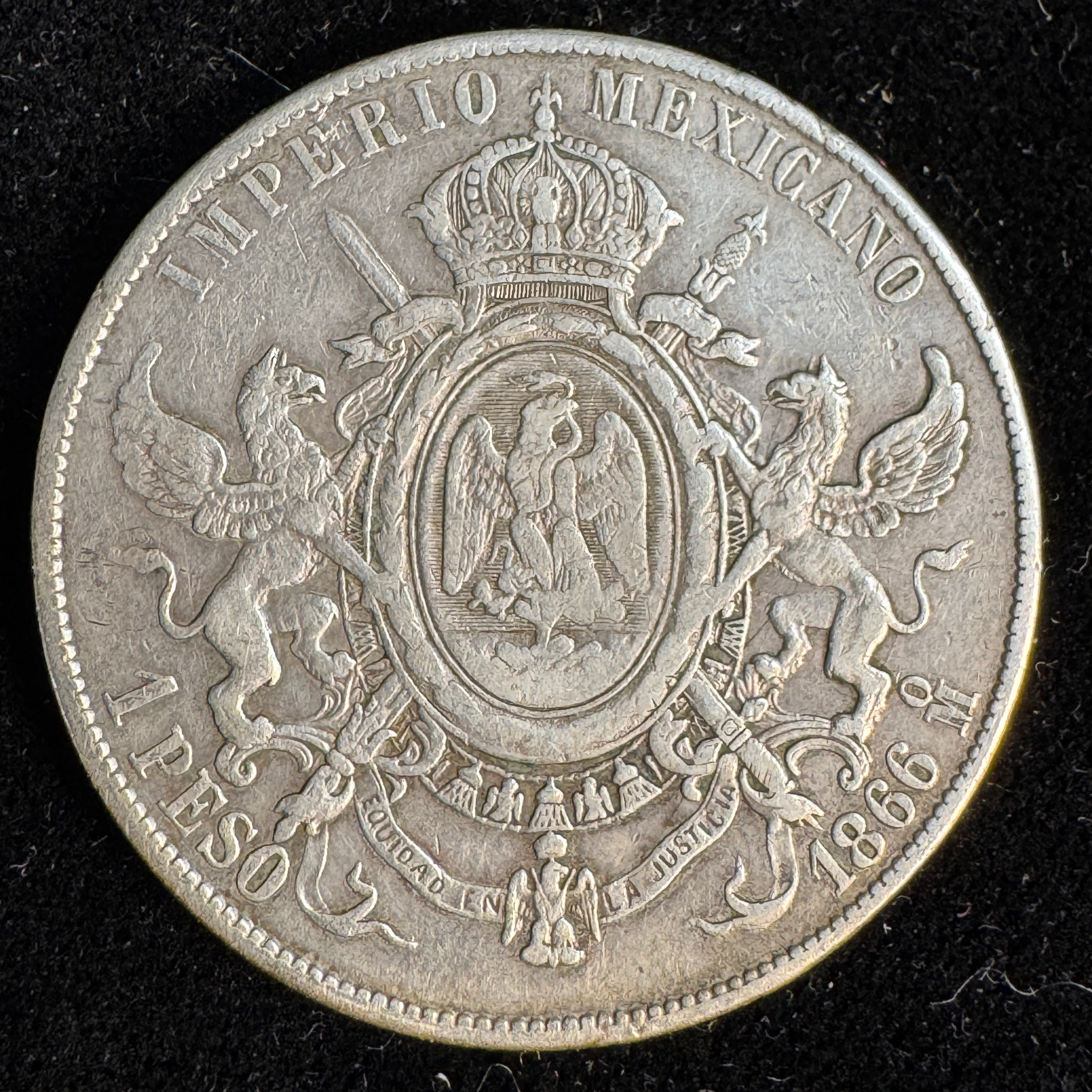 1866-Mo Empire of Mexico Maximilian 1 Peso, KM#388.1, VF+